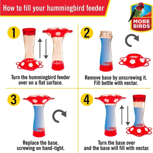 More Birds Classic Glass Ruby Hummingbird Feeder — Built-In Ant Moat, 4 Ports — 10 oz