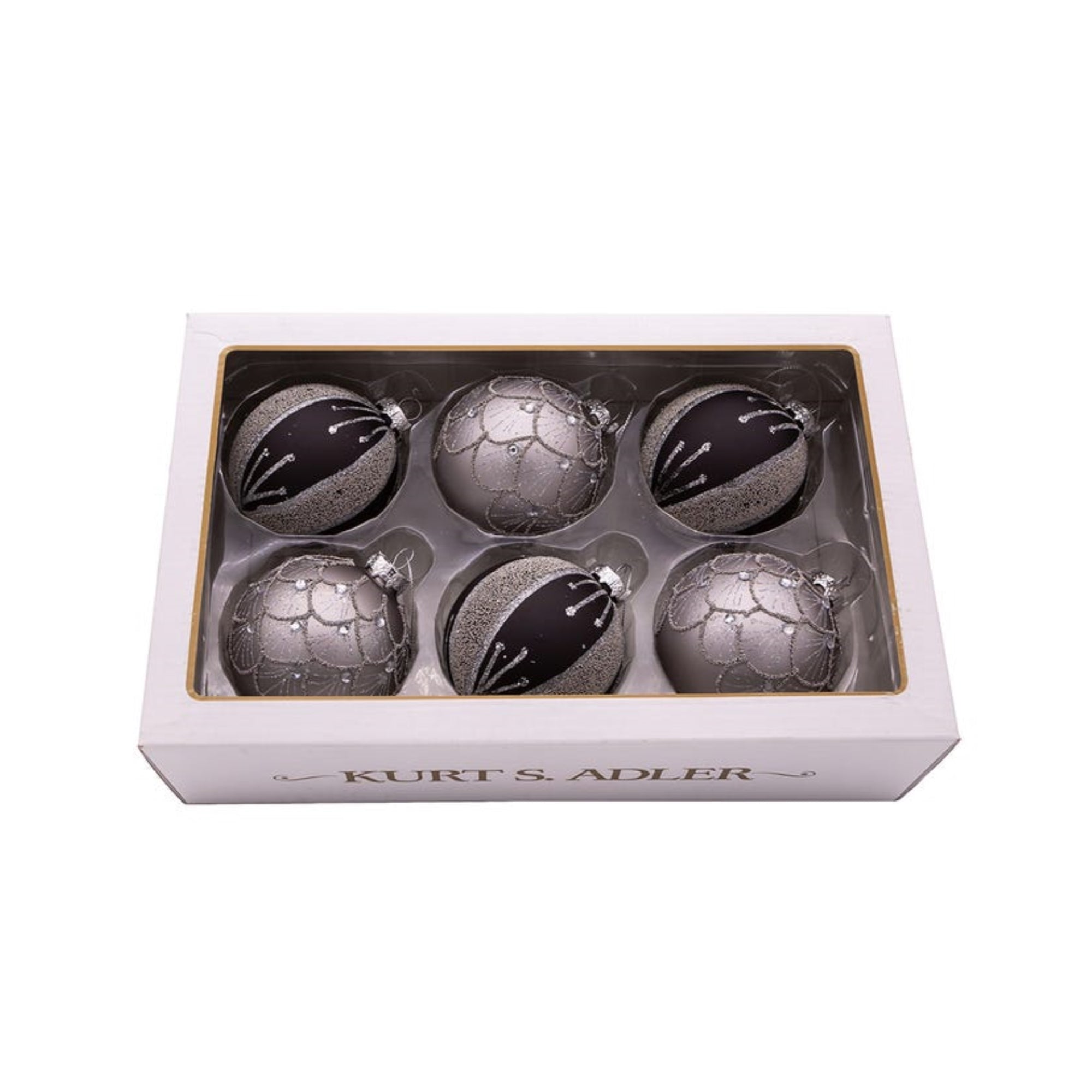 Kurt Adler Ornaments For Christmas Tree, Silver/Black Jeweled Glass Balls, 6 Piece Box Set, 3"
