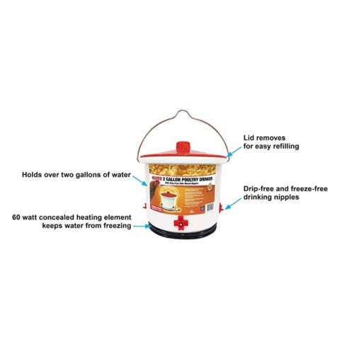 Farm Innovators Heated Poultry Drinker — Side-Mount Nipple, Drip-Free, 2 Gallon