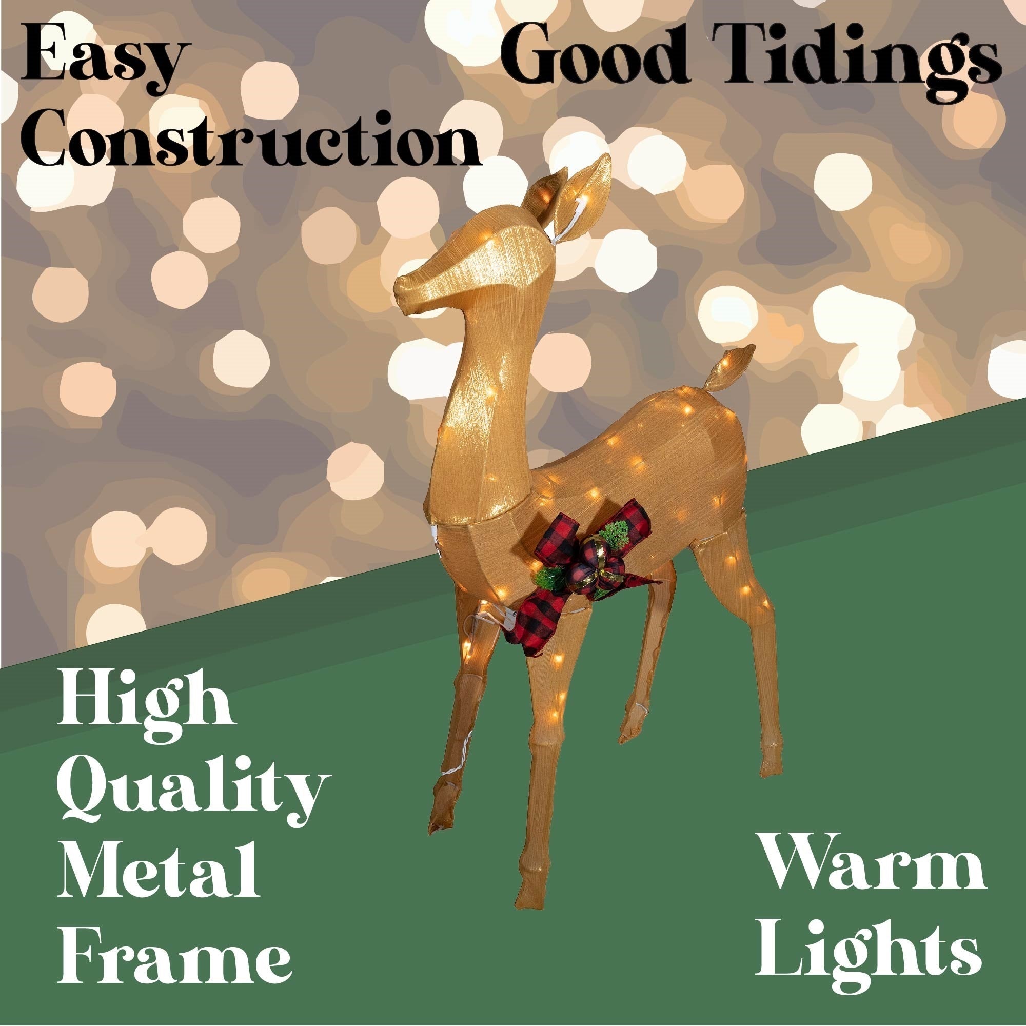Good Tidings Pre-Lit Christmas Lawn Decoration, Shiny Gold Doe Deer, 40"