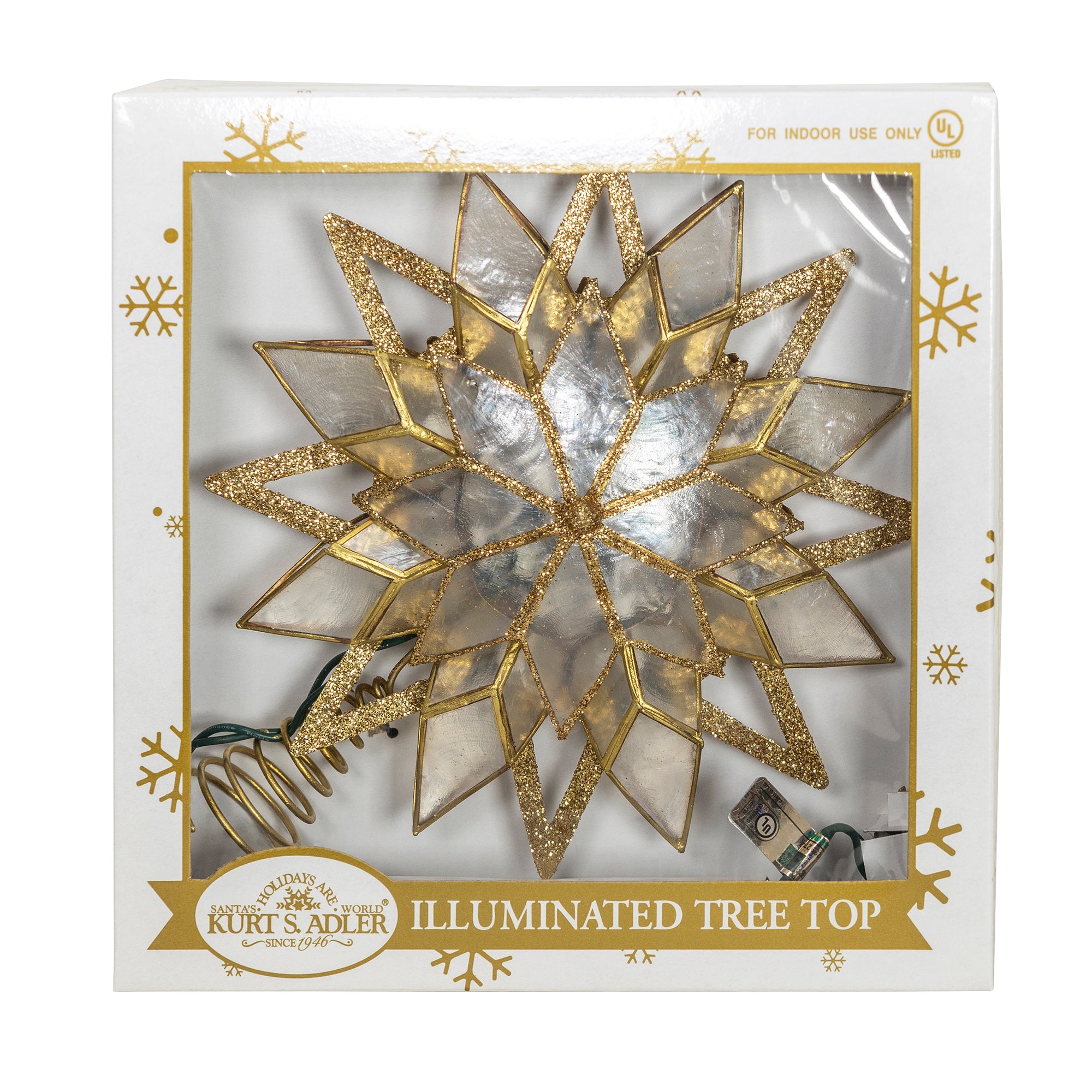 Kurt Adler 10-Light Capiz Treetop, Gold Glitter Star, 9.5"