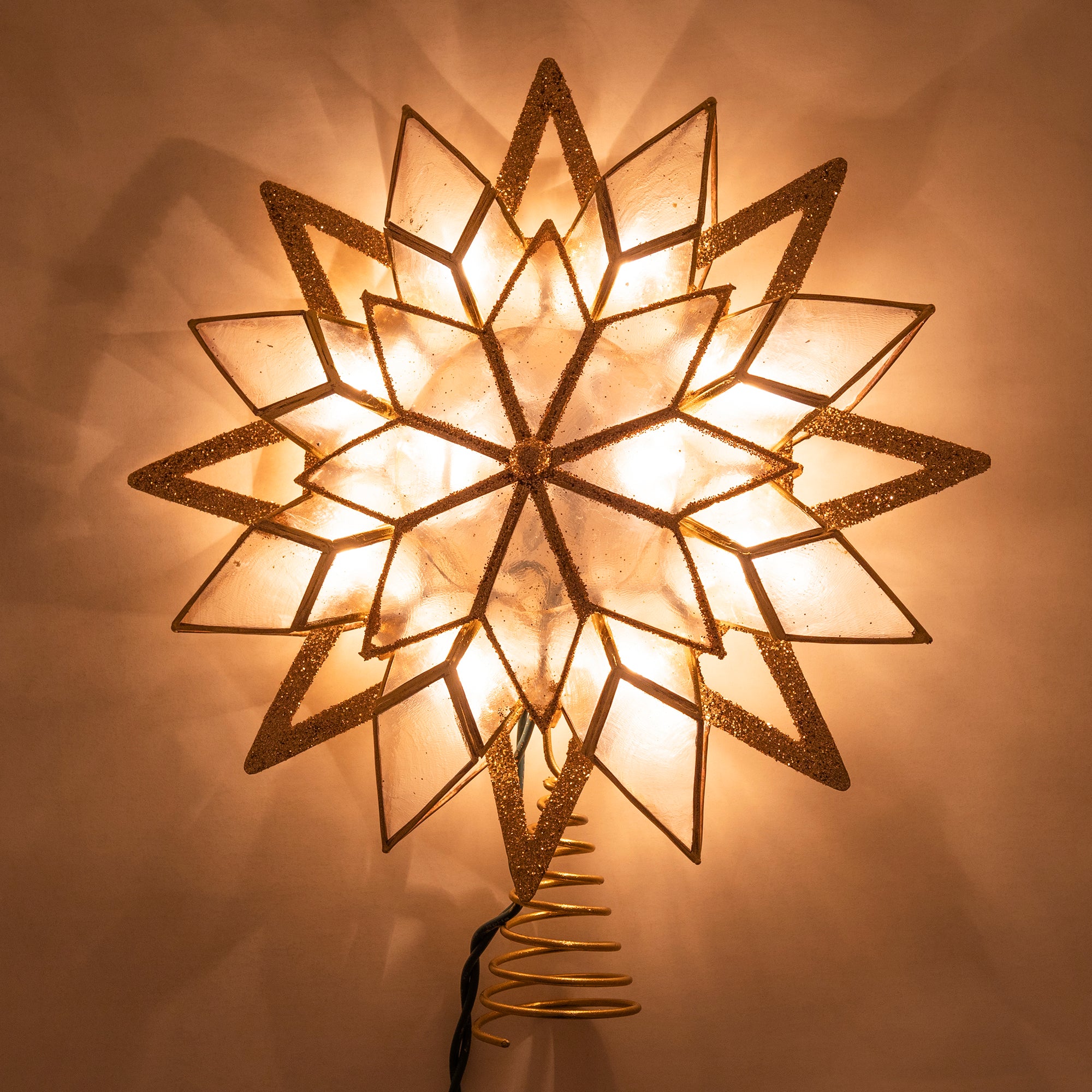 Kurt Adler 10-Light Capiz Treetop, Gold Glitter Star, 9.5"