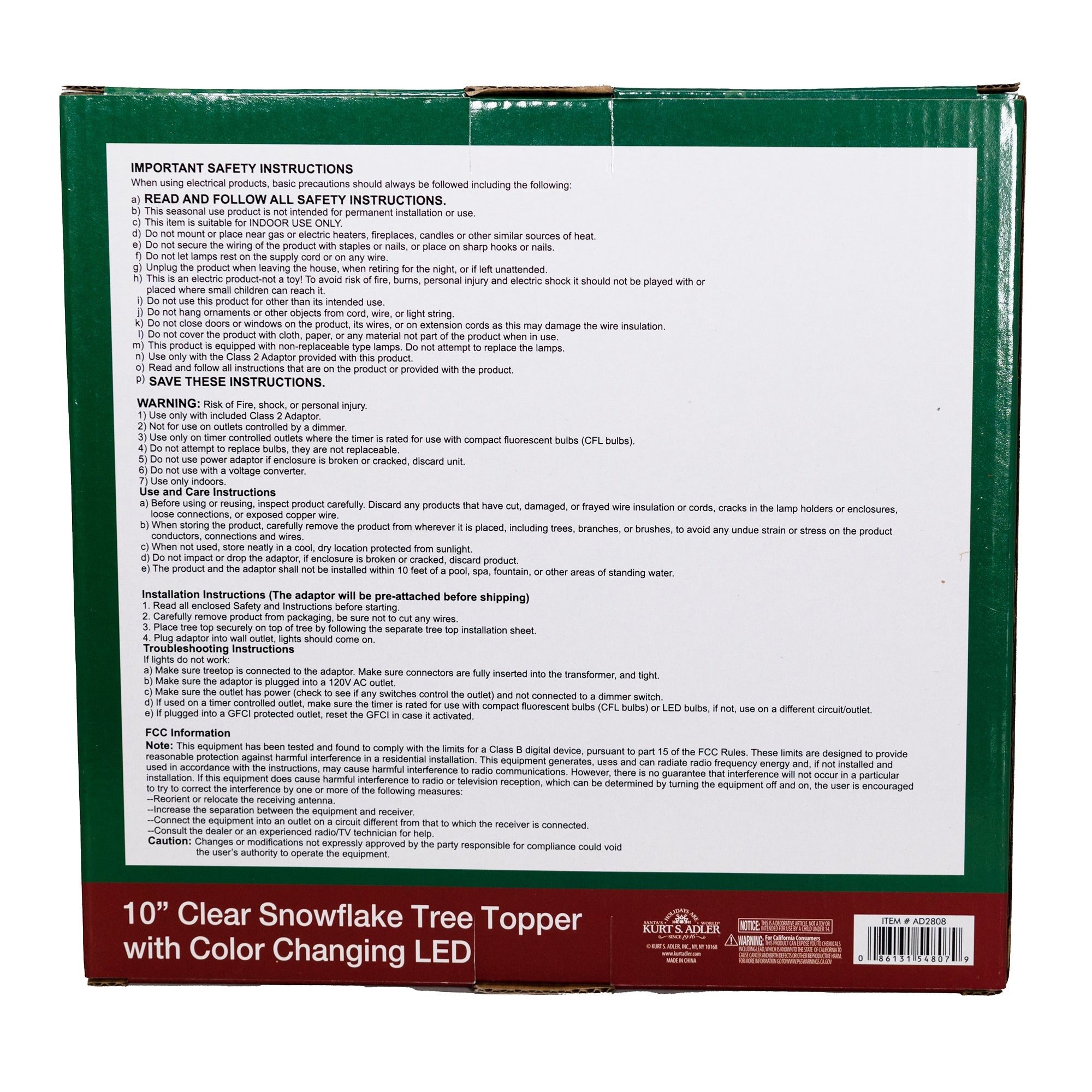 Kurt Adler 10 Clear Snowflake Treetopper with Color-Changing RGB LED Bulbs