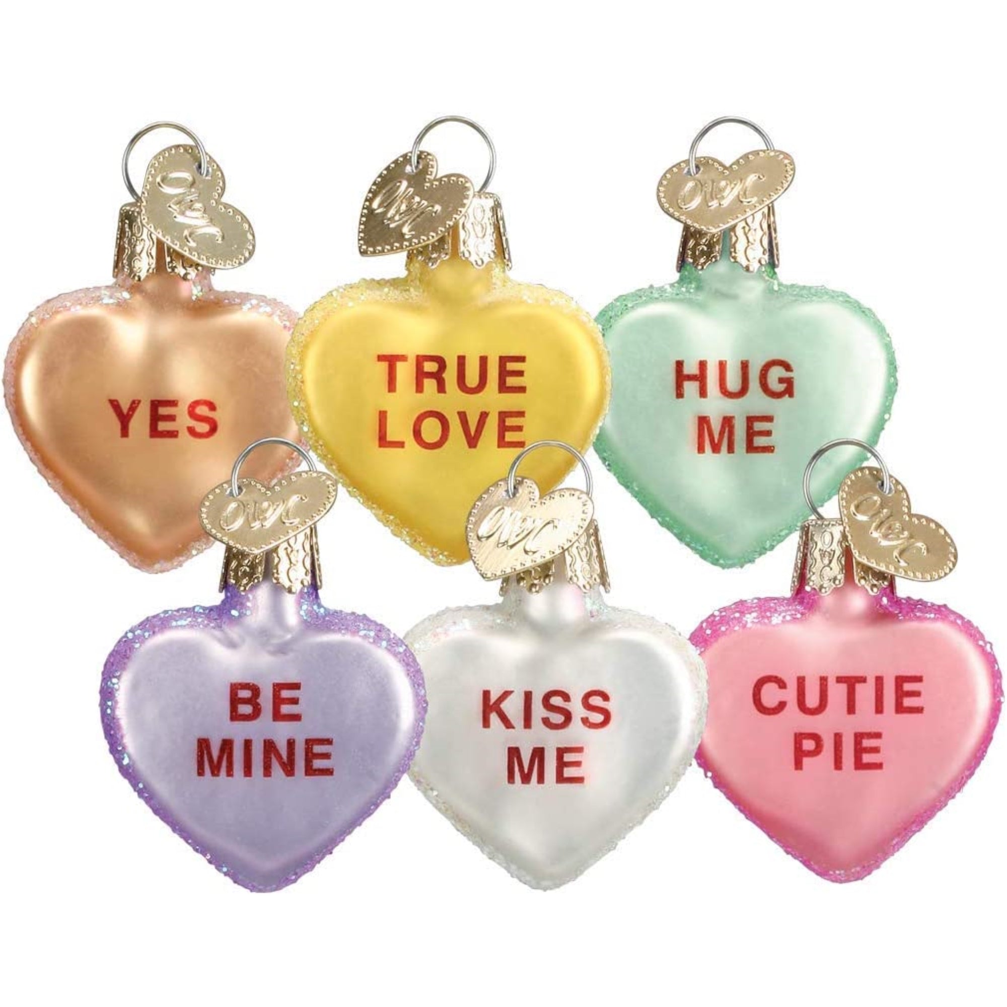 Old World Christmas Blown Glass Ornament for Christmas Tree, Conversation Hearts (Set of 6)