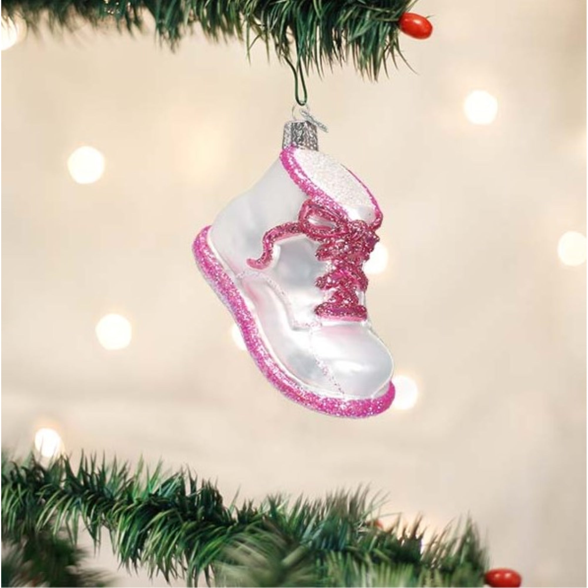Old World Christmas Blown Glass Ornament for Christmas Tree, Pink Baby Shoe (with OWC Gift Box)