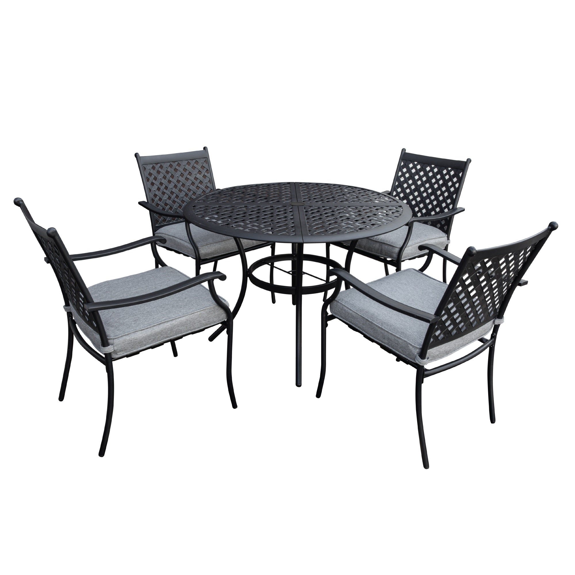 Garden Elements 5-Piece Outdoor Patio Dining Set – 42" Round Table with Umbrella Hole & 4 Armrest Chairs with Cushions – Weather-Resistant Steel, Black/Gray