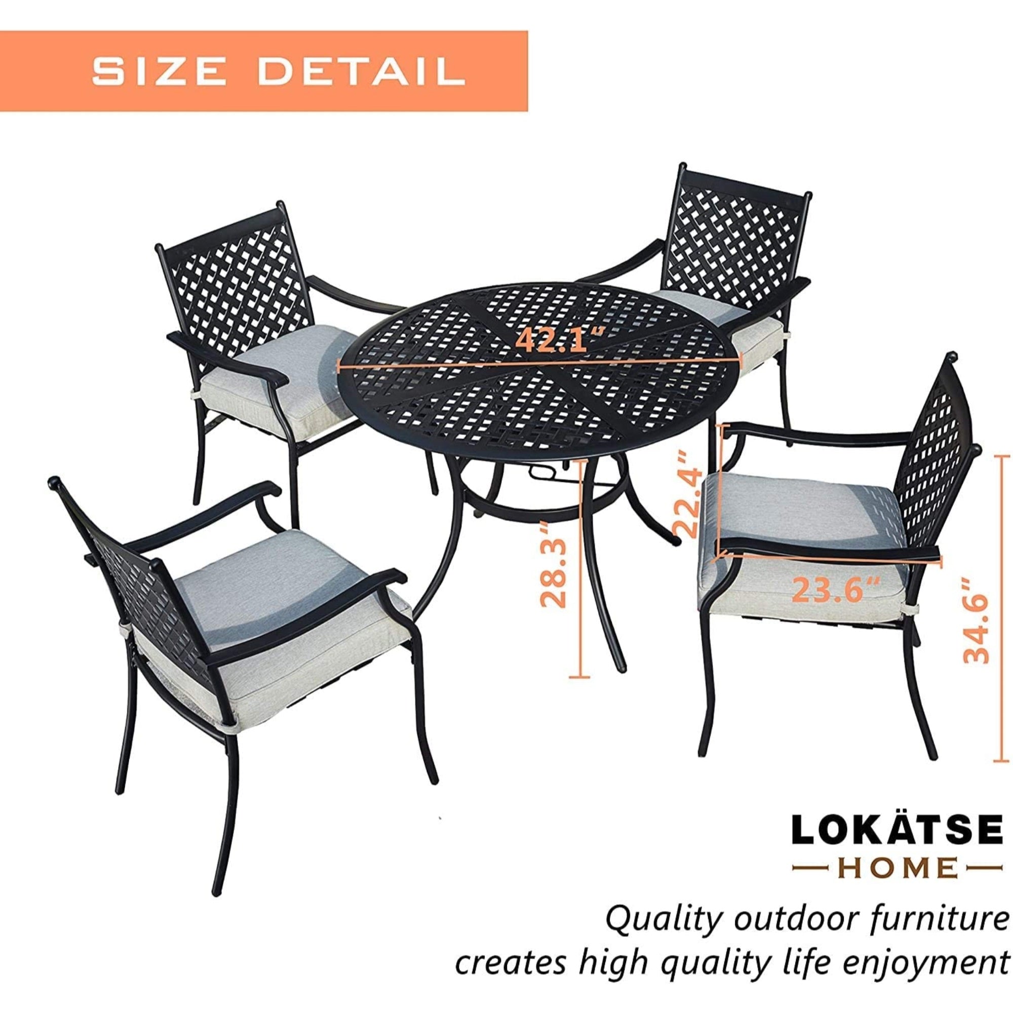 Garden Elements 5-Piece Outdoor Patio Dining Set – 42" Table & 4 Chairs w/ Cushions, Weather-Resistant Steel, Black/Gray