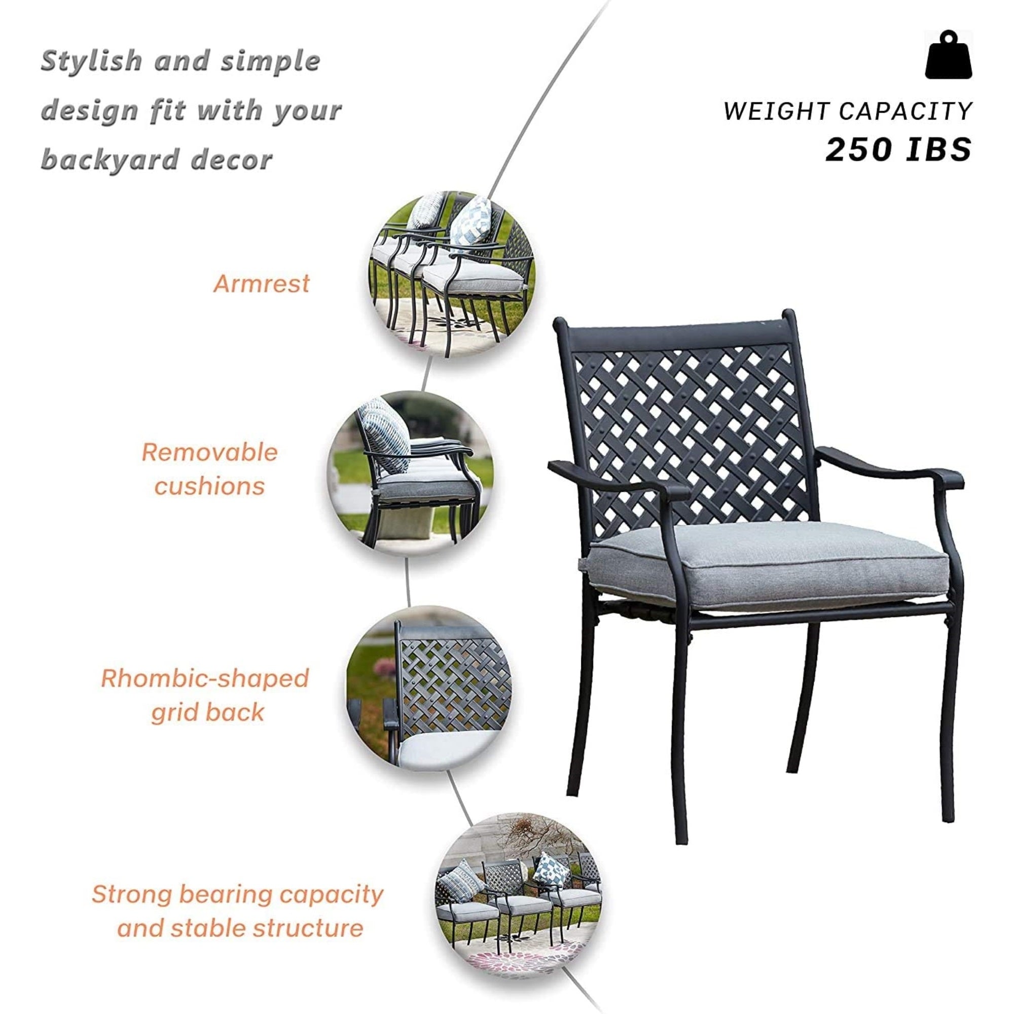 Garden Elements 5-Piece Outdoor Patio Dining Set – 42" Table & 4 Chairs w/ Cushions, Weather-Resistant Steel, Black/Gray