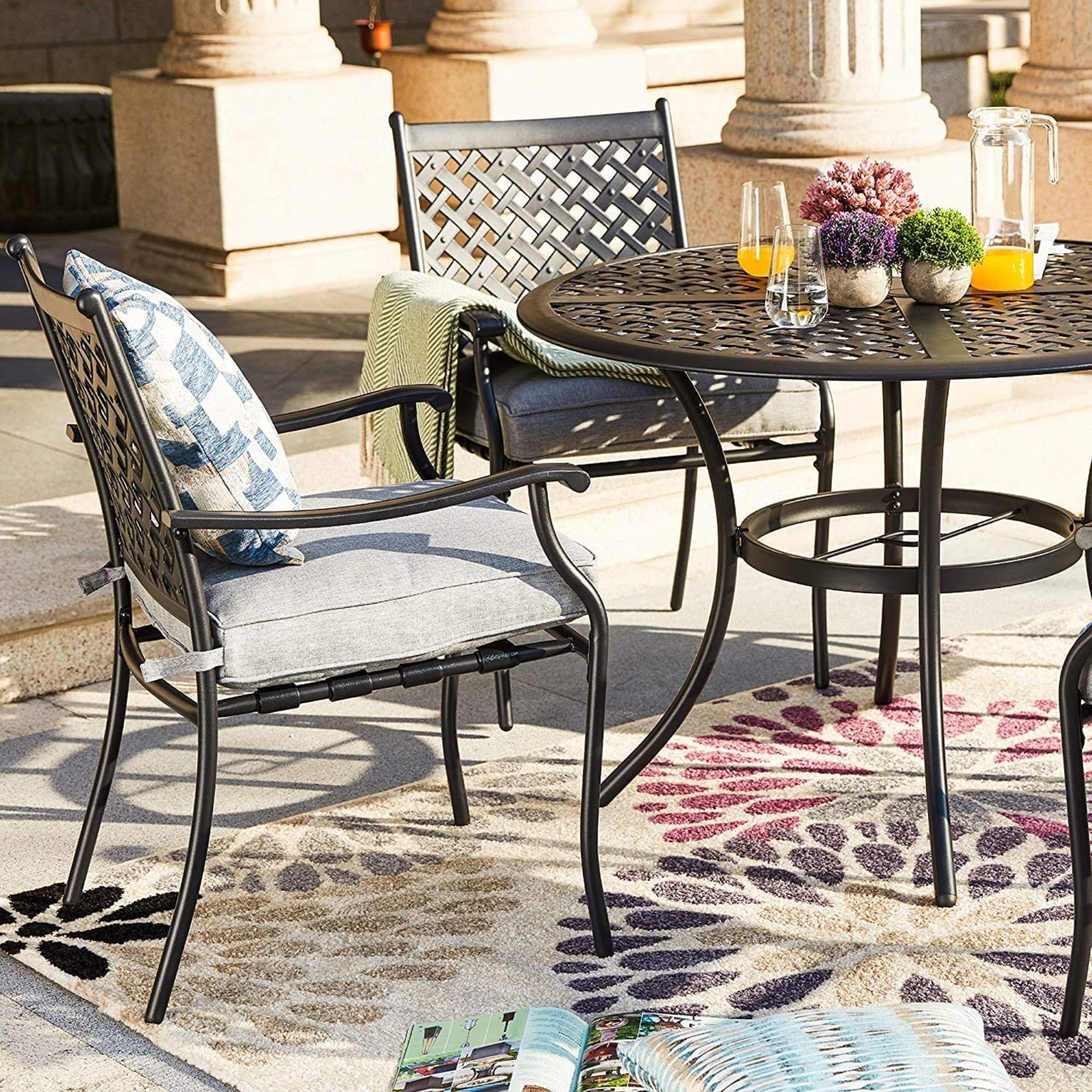 Garden Elements 5-Piece Outdoor Patio Dining Set – 42" Table & 4 Chairs w/ Cushions, Weather-Resistant Steel, Black/Gray