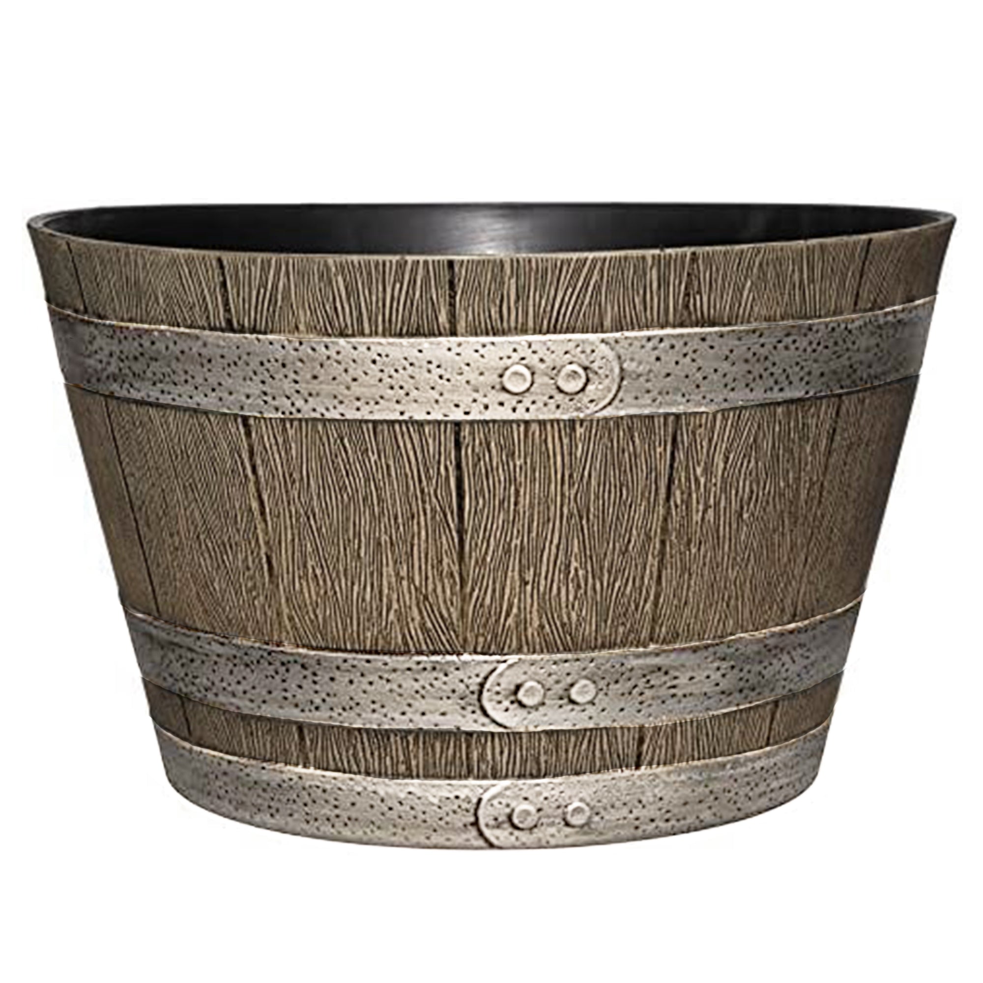 Classic Home and Garden Outdoor Round Whiskey “Home” Resin Barrel Planter — Distressed Oak Brown, 15"