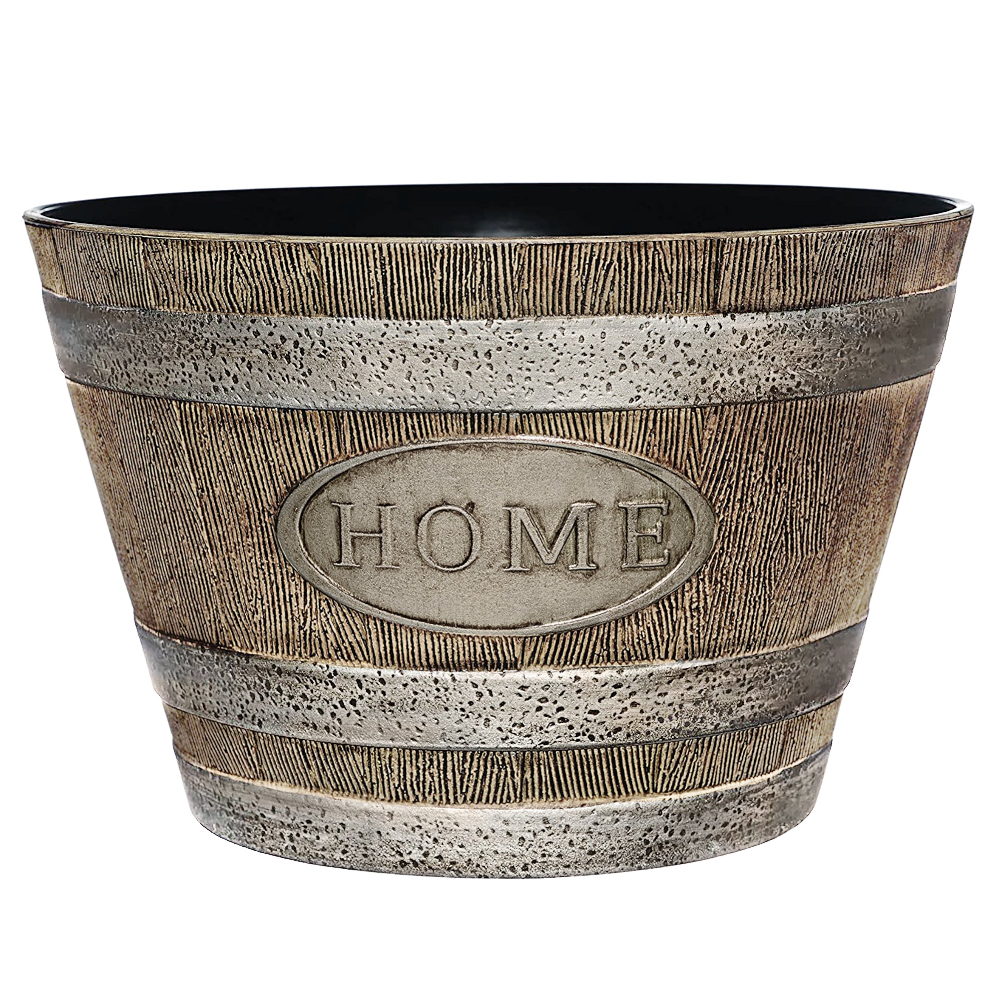 Classic Home and Garden Outdoor Round Whiskey “Home” Resin Barrel Planter — Distressed Oak Brown, 15"
