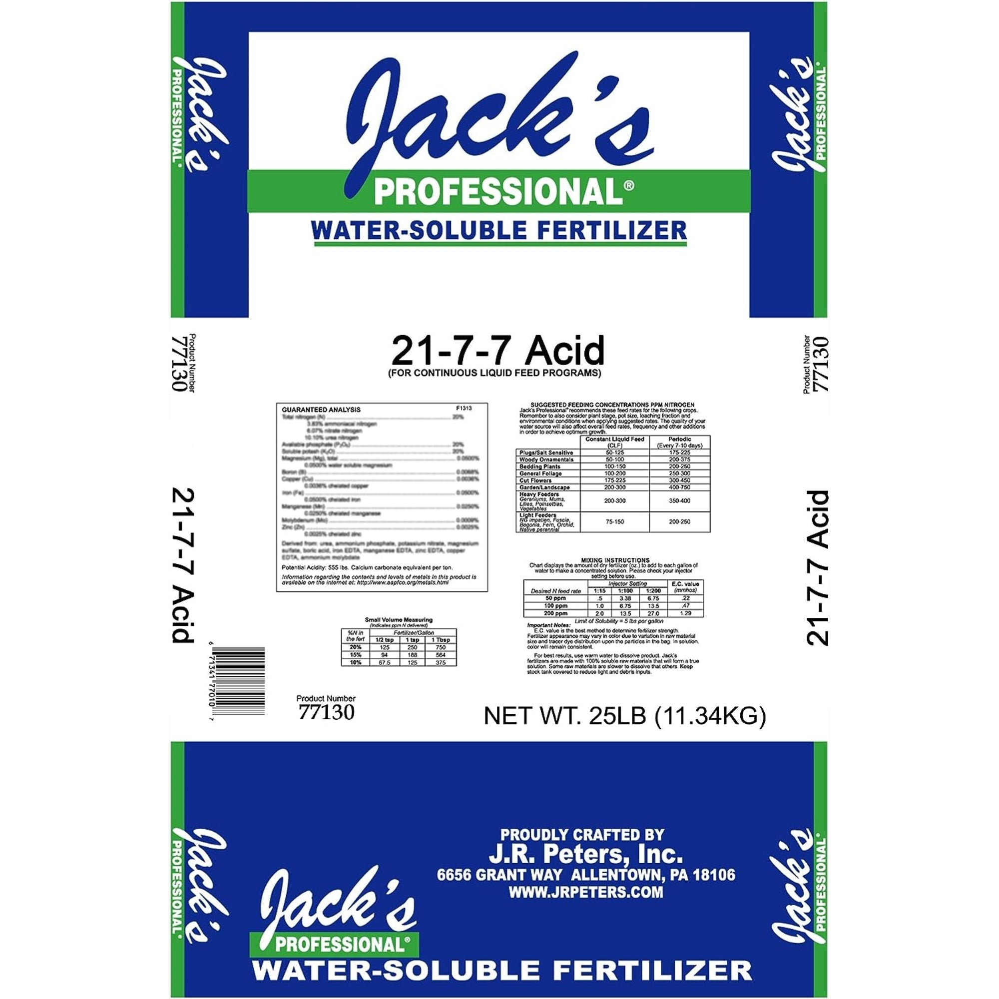 Jack's Professional 21-7-7 Acid Water-Soluble Fertilizer with Micronutrients for Acid-Loving Plants in Continuous Feed Programs, 25lbs