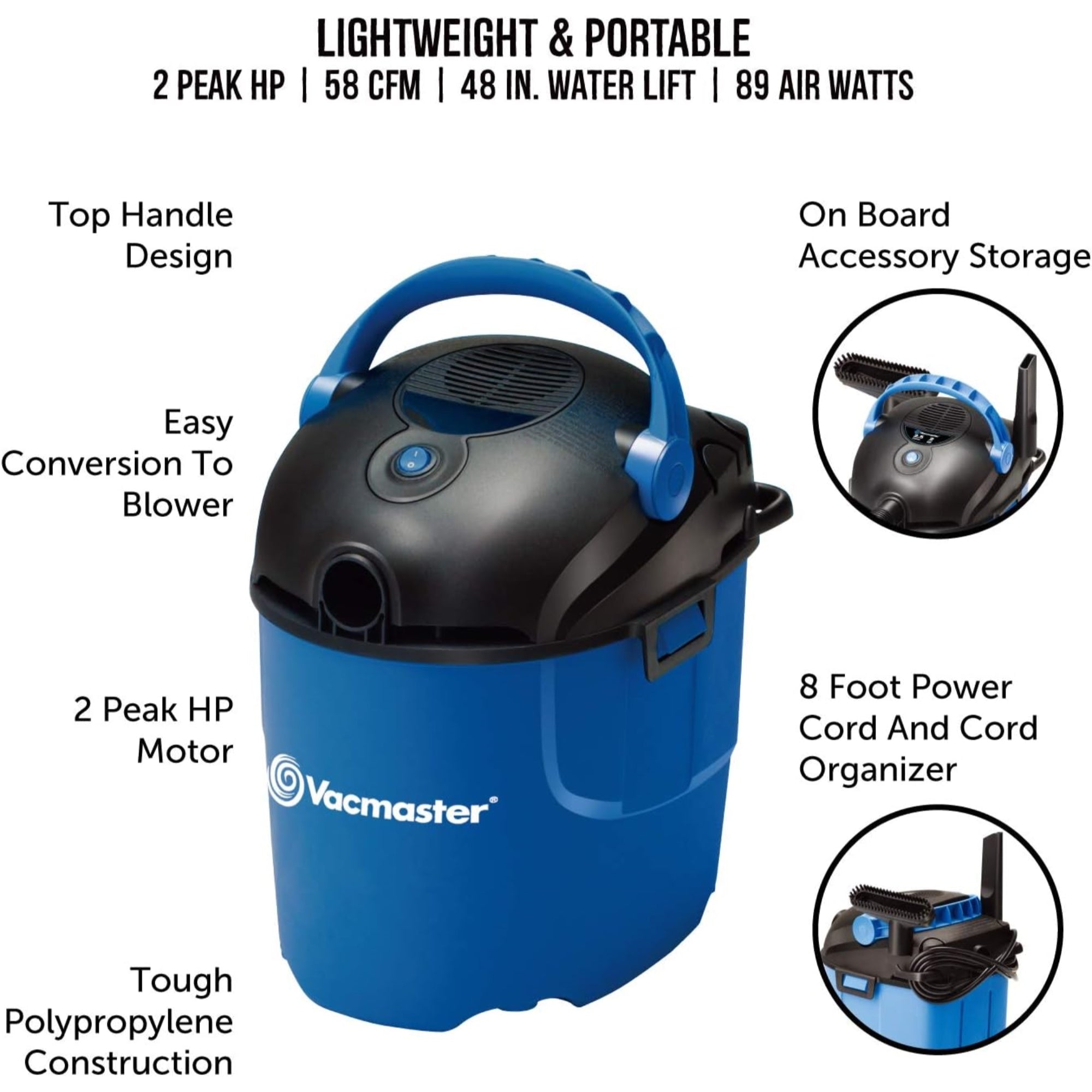 Vacmaster 2.5-Gallon Shop Vacuum – Wet/Dry, 2 HP Motor, Blower, Compact Utility Vac