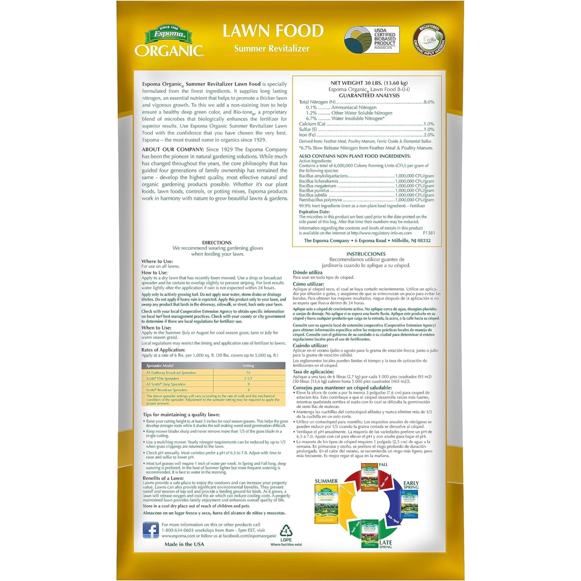 Espoma Organic 8-0-0 Lawn Food Summer Revitalizer for Thick, Green Lawns, 30lbs