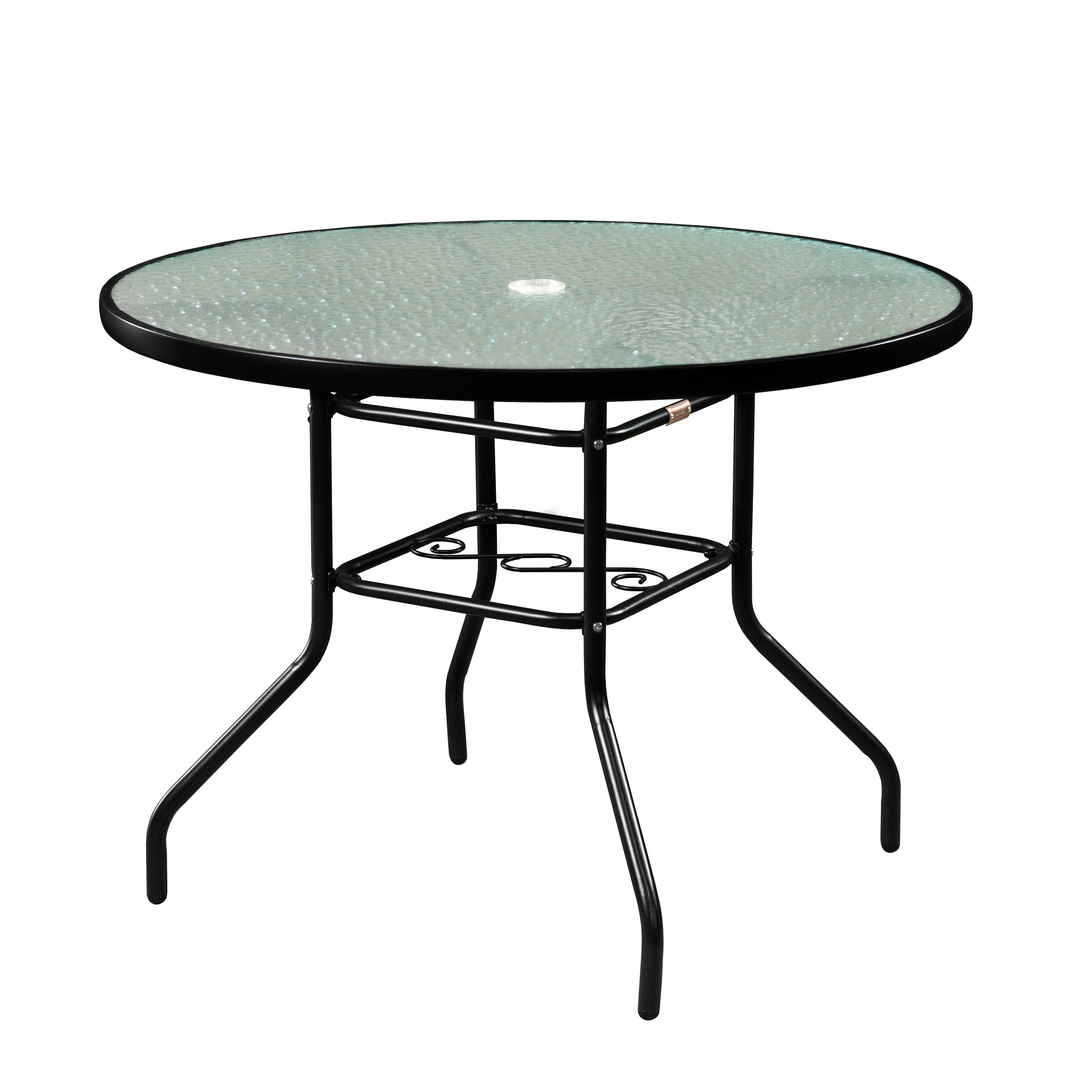 Garden Elements Outdoor Dining Table Patio Furniture, Round Steel Base and Rim with Waterwave Glass Top, Black, 40"