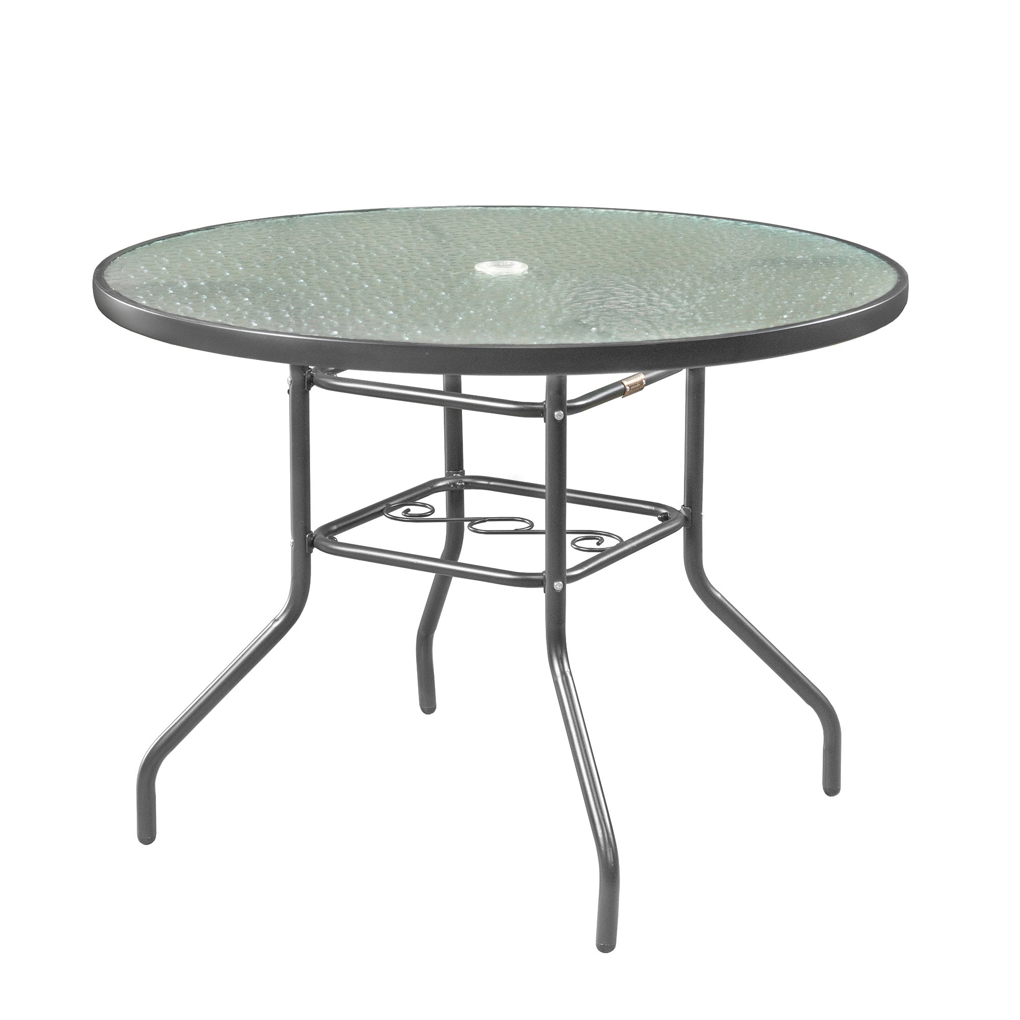 Garden Elements Sienna Metal Gray Round Patio Glass Top Table, 40-Inch