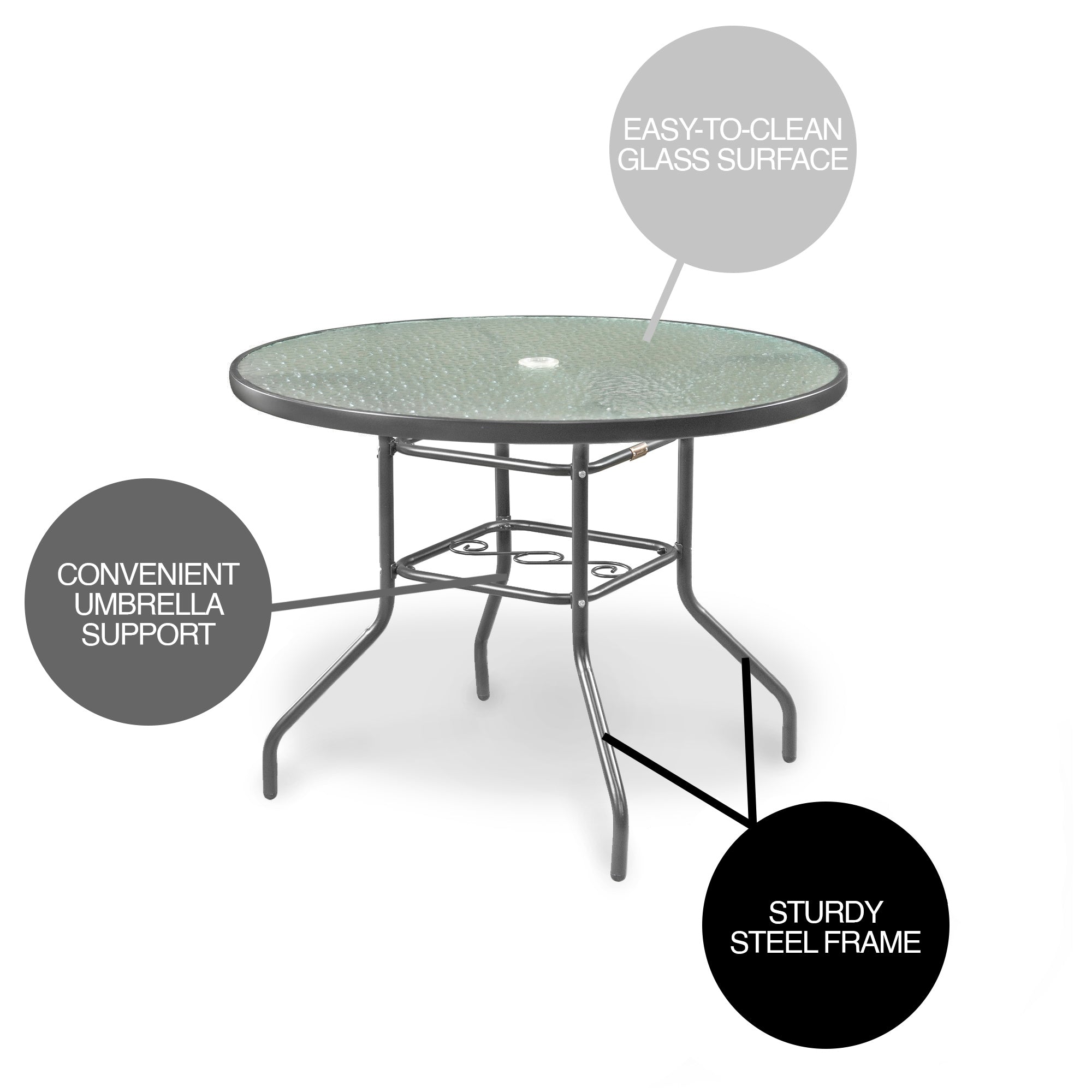 Garden Elements Outdoor Patio Furniture, Round Dining Table, Steel Base and Rim with Waterwave Glass Top, Gray, 40"