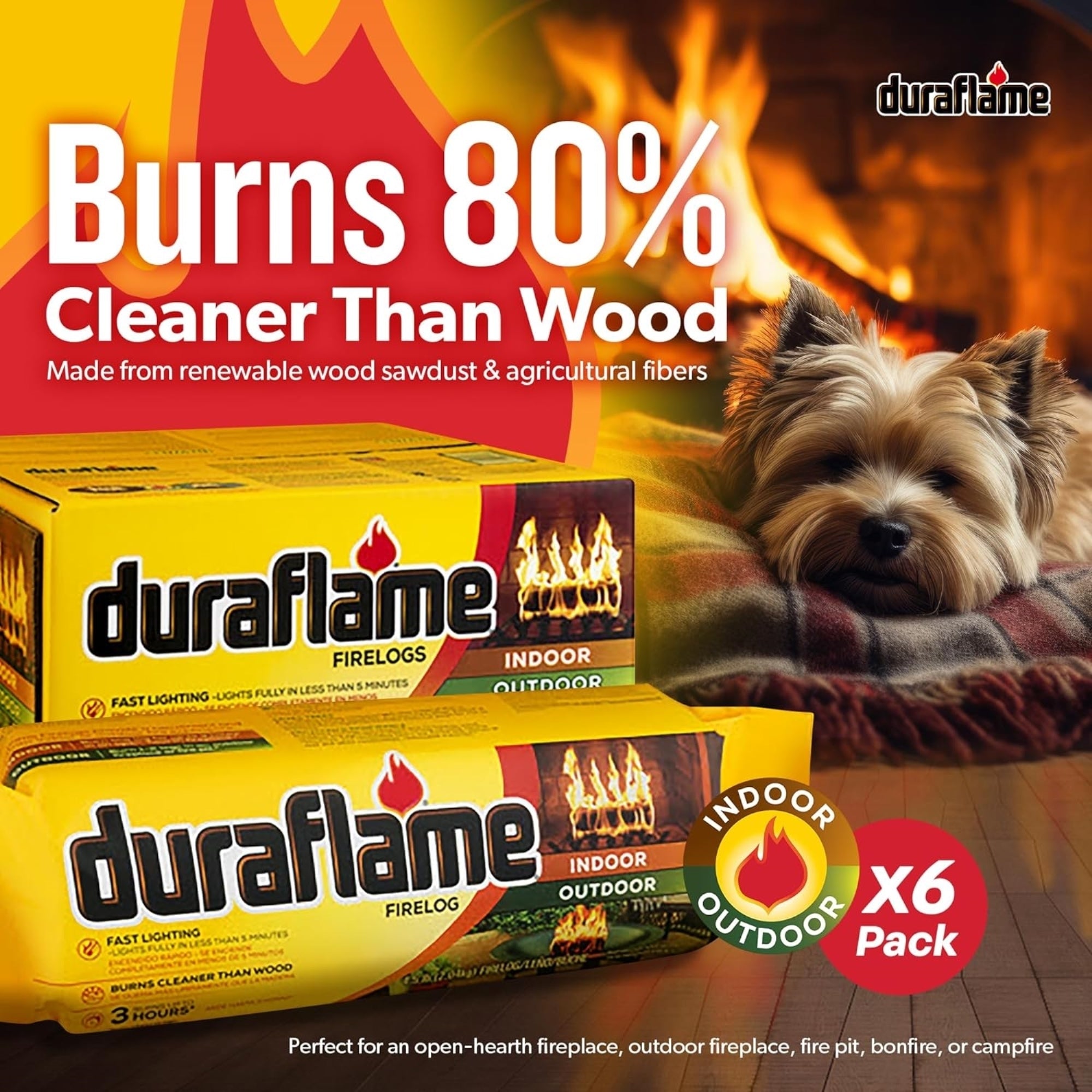 Duraflame 4.5lb Indoor & Outdoor Firelog, Fast Light, Clean Burn, Long Burn (Pack of 6)