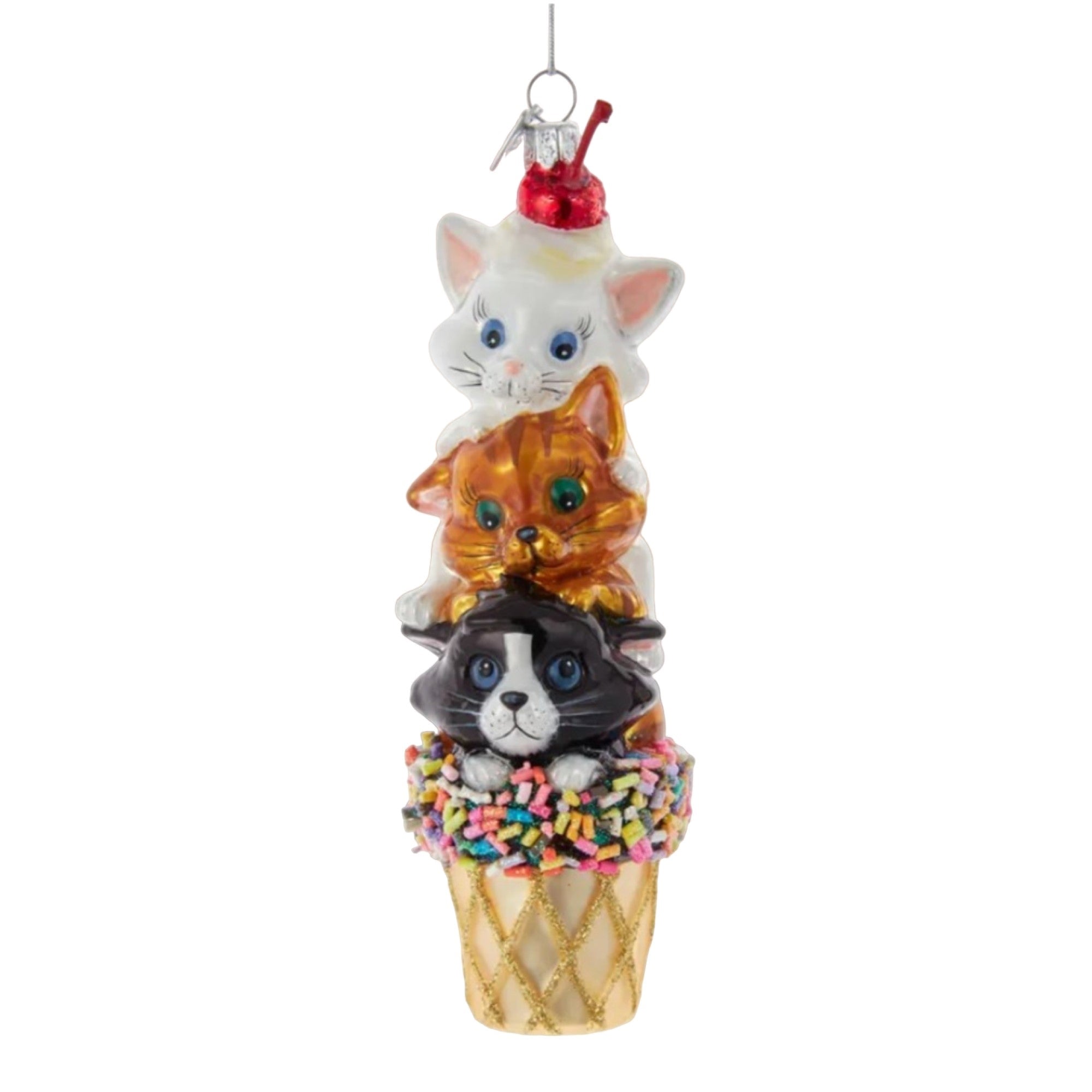 Kurt Adler Noble Gems Glass Ornament for Christmas Tree, Ice Cream Cone with Cats