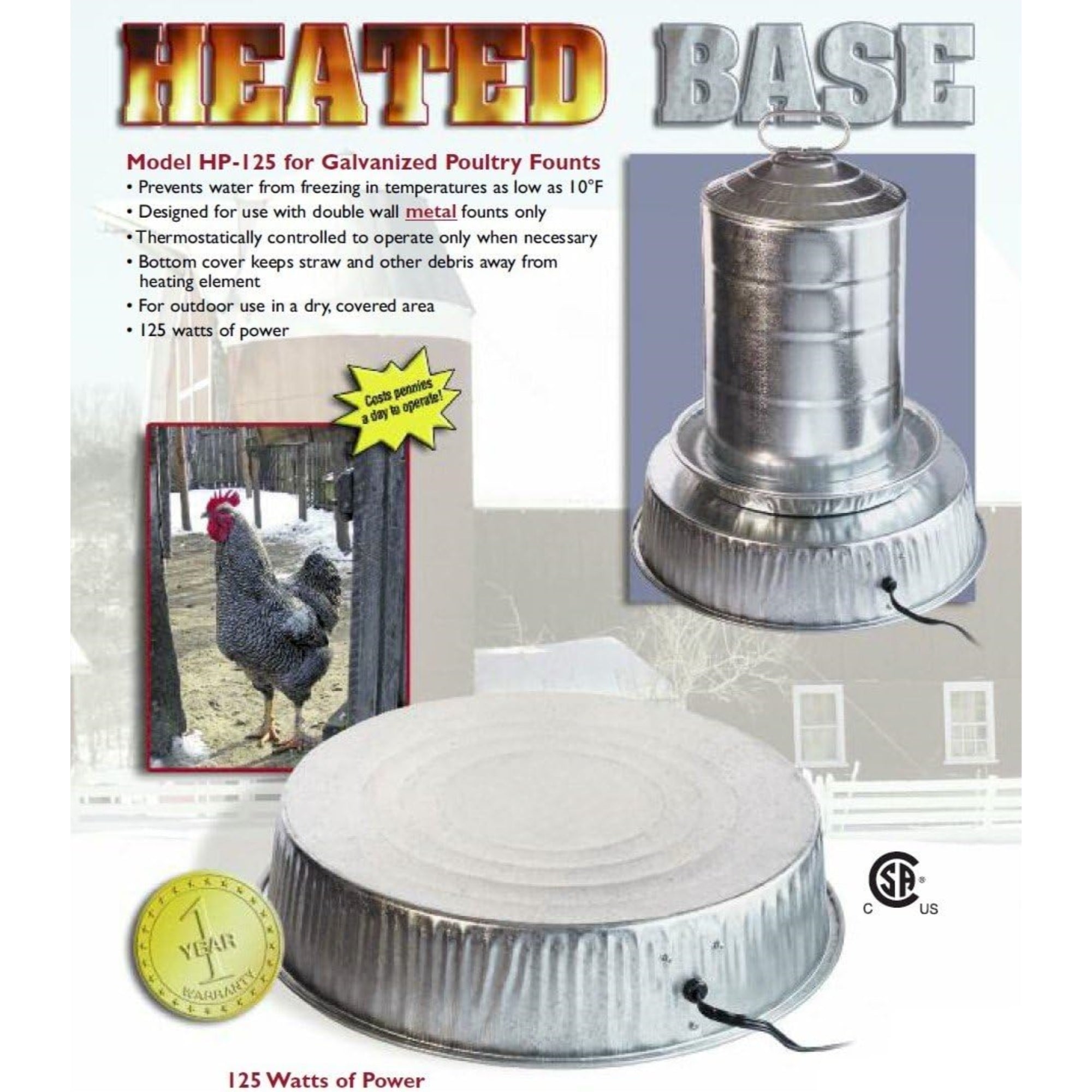 Farm Innovators Heated Base for Metal Poultry Founts – 125W Thermostatic Freeze Prevention for Coops, Pens & Runs