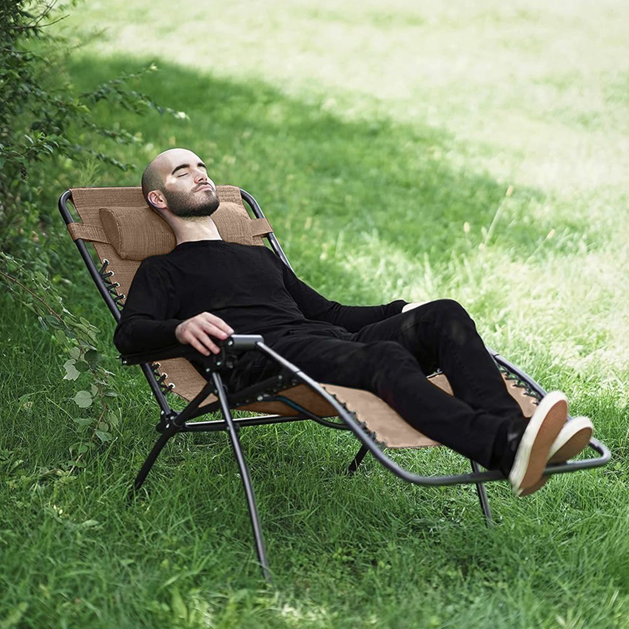 Four Seasons XL Outdoor Zero Gravity Steel Chair with Cup Holder & Tray – Adjustable Reclining Chair, Mocha