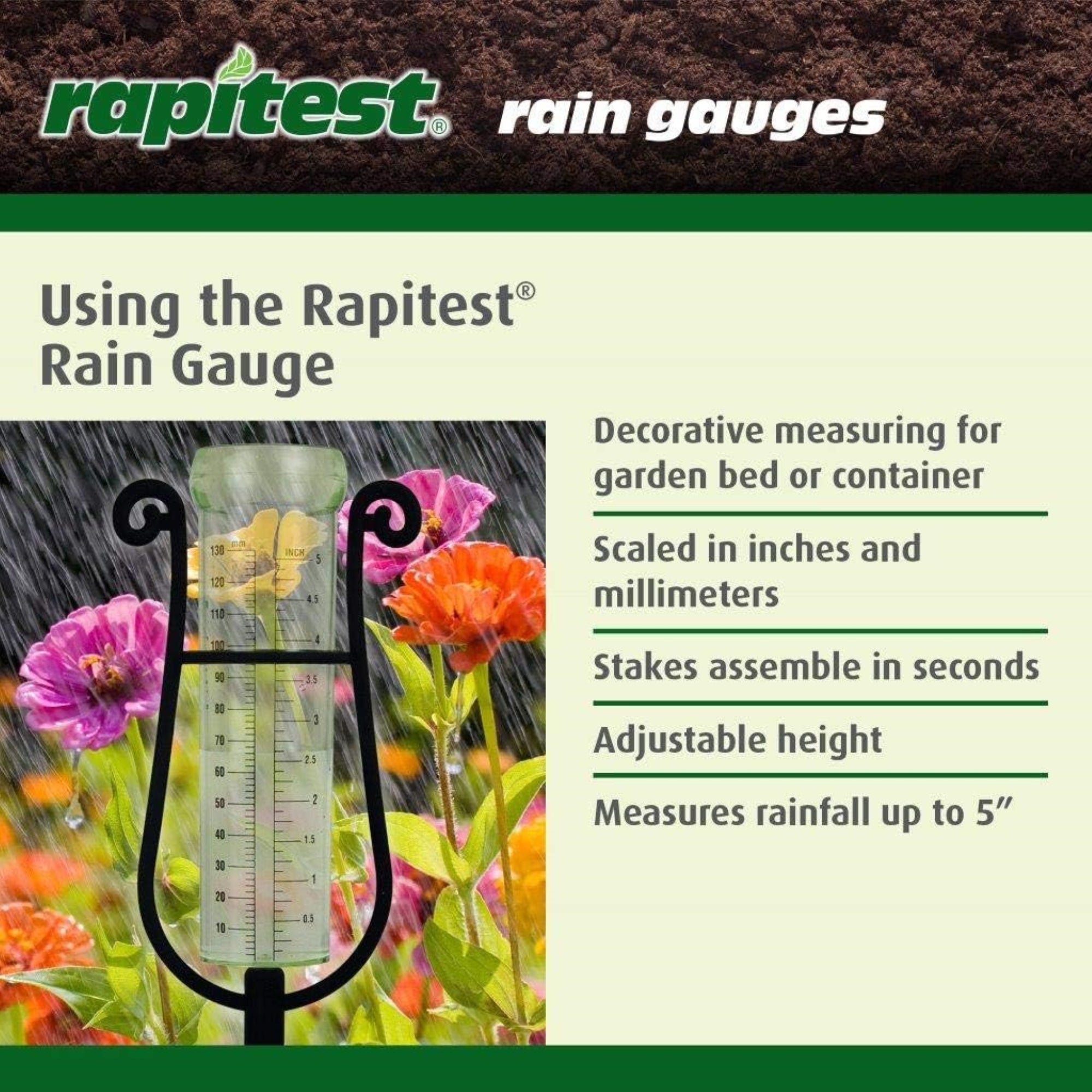 Luster Leaf Rapitest Rainfall Gauge — Easy-Read Cylinder with Adjustable Stake, 11.5"H