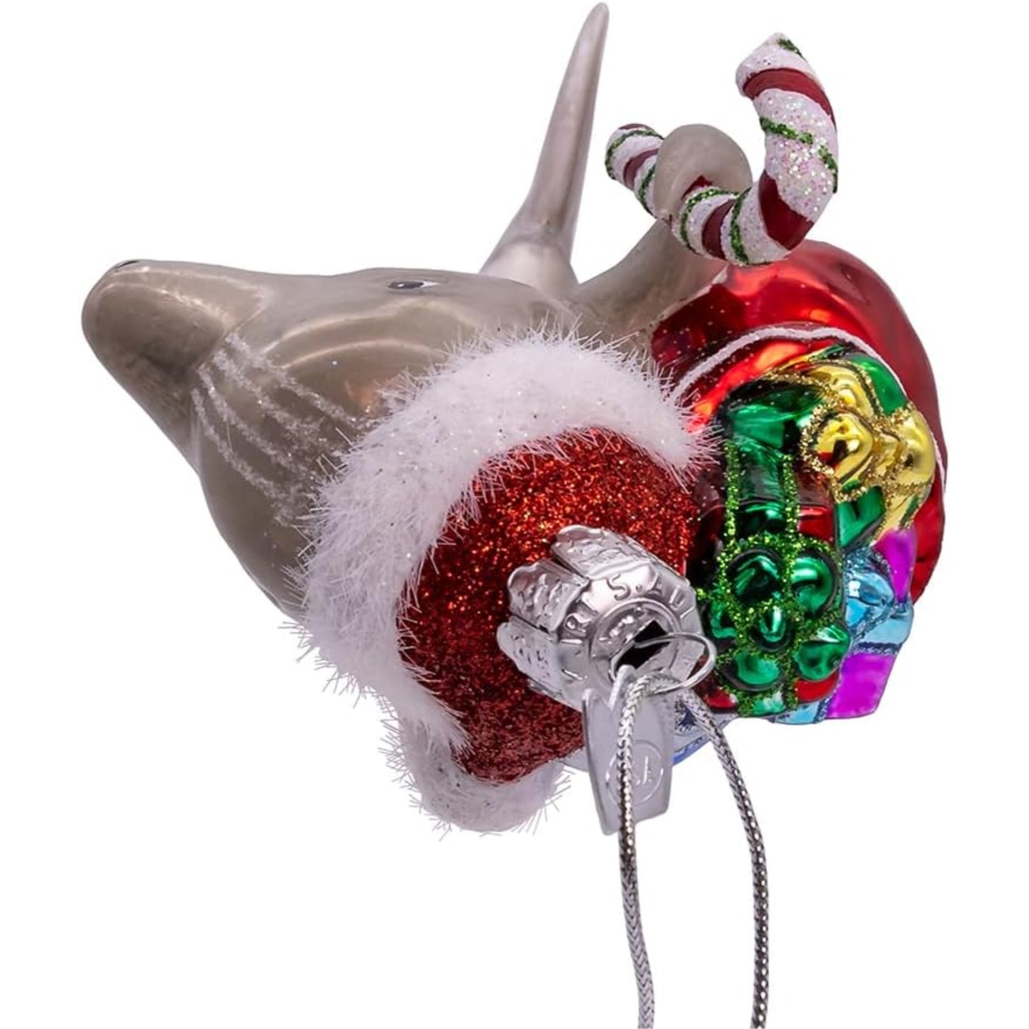Kurt Adler Nobel Gems Glass Christmas Ornament, Dolphin with Santa Hat and Gifts