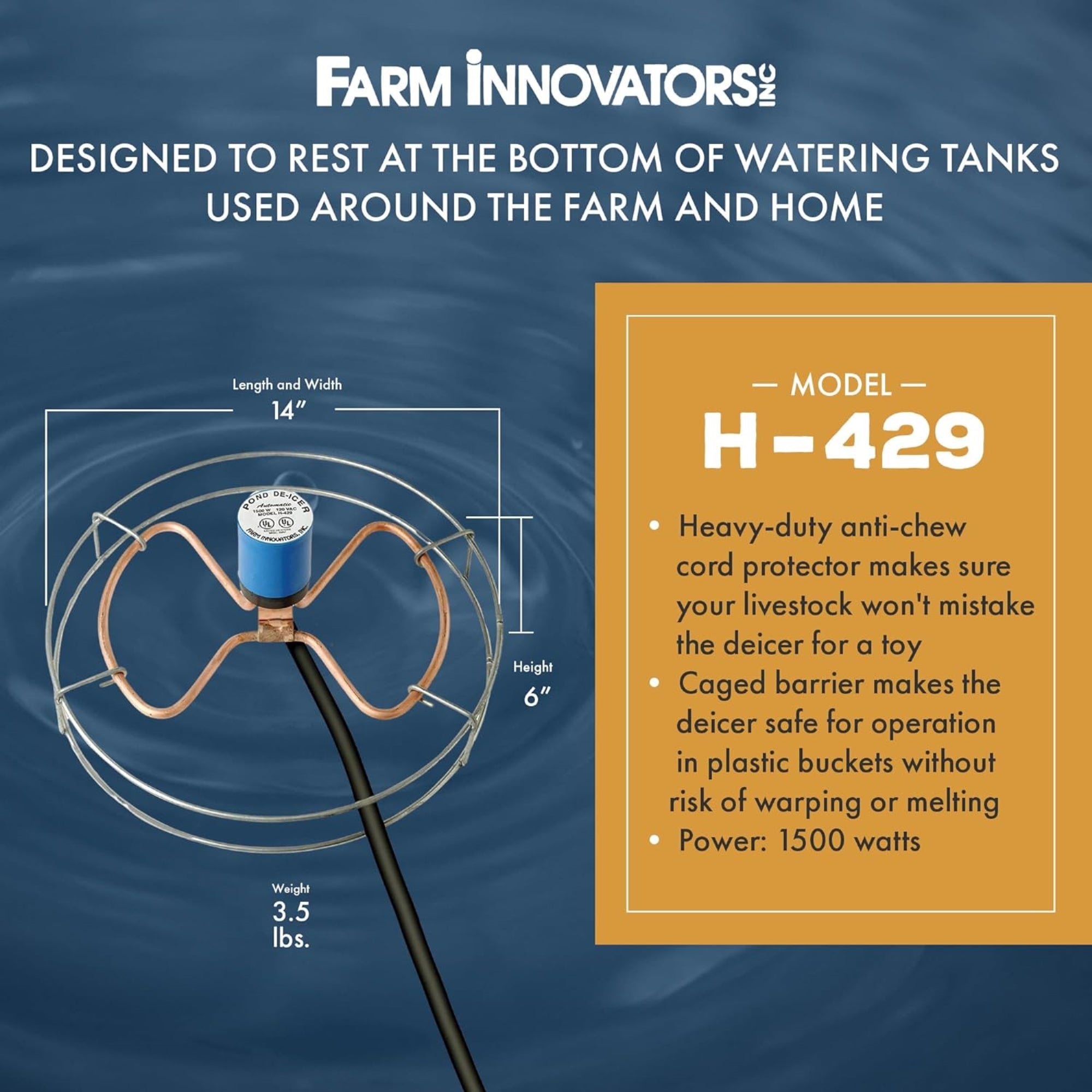 Farm Innovators 1500W Submersible De-Icer – Thermostatic, Cast Aluminum, 3-Gallon Tank