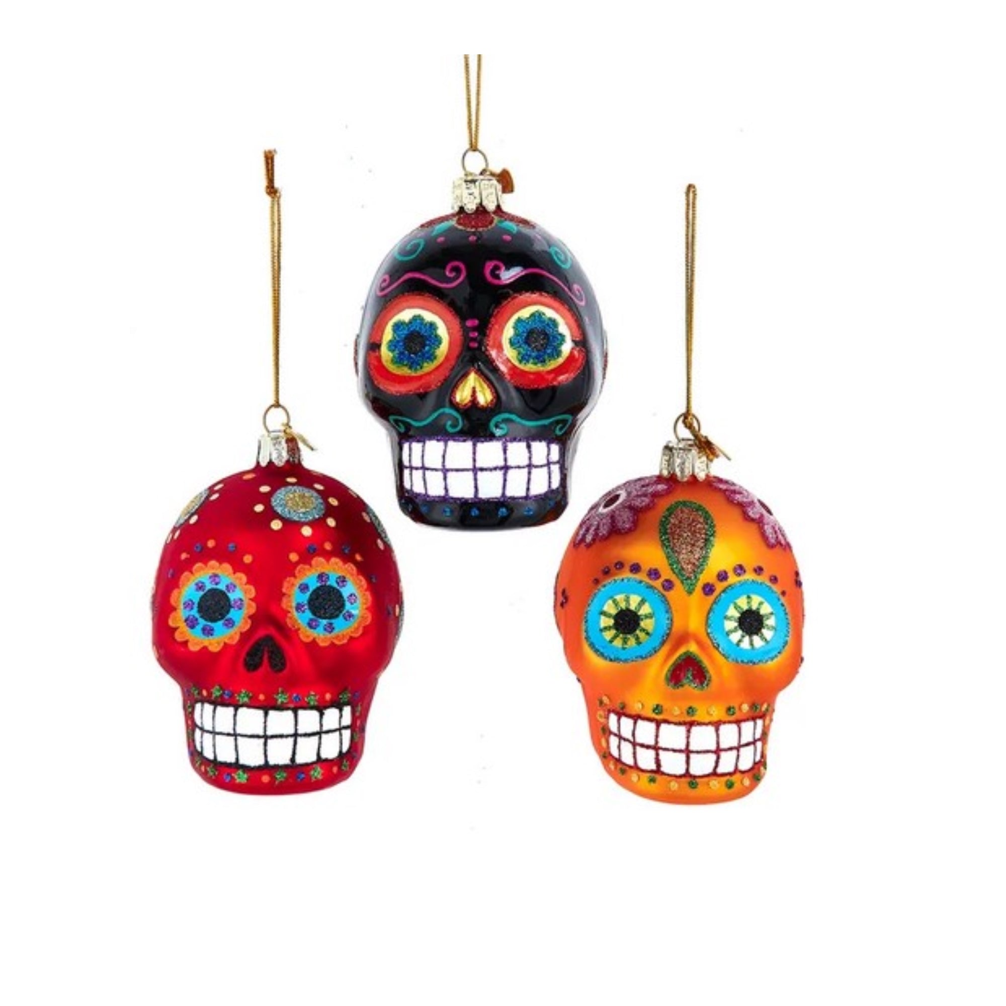 Kurt Adler Noble Gems Glass Ornaments for Christmas Tree, Sugar Skulls, Assorted (Set of 3)