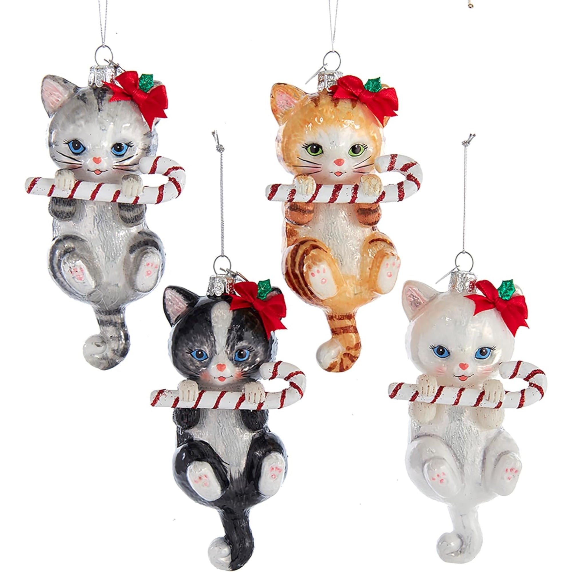 Kurt Adler Noble Gems Glass Ornaments for Christmas Tree, Cats with Candy Canes, Assorted (Pack of 4)