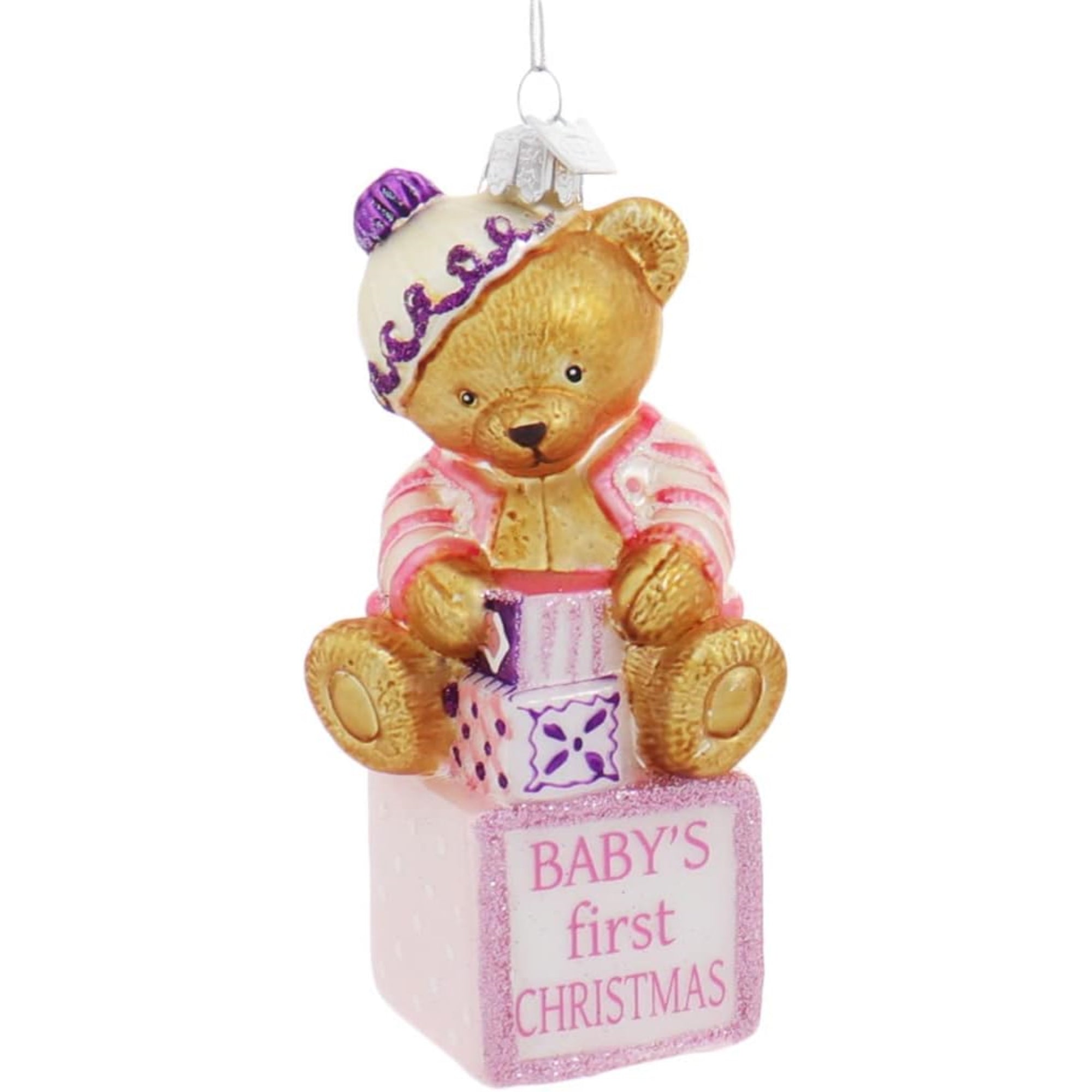 Kurt Adler Noble Gems Glass Ornaments for Christmas Tree, "Baby's First Christmas" Baby Bears on Blocks, Assorted (Pack of 2)