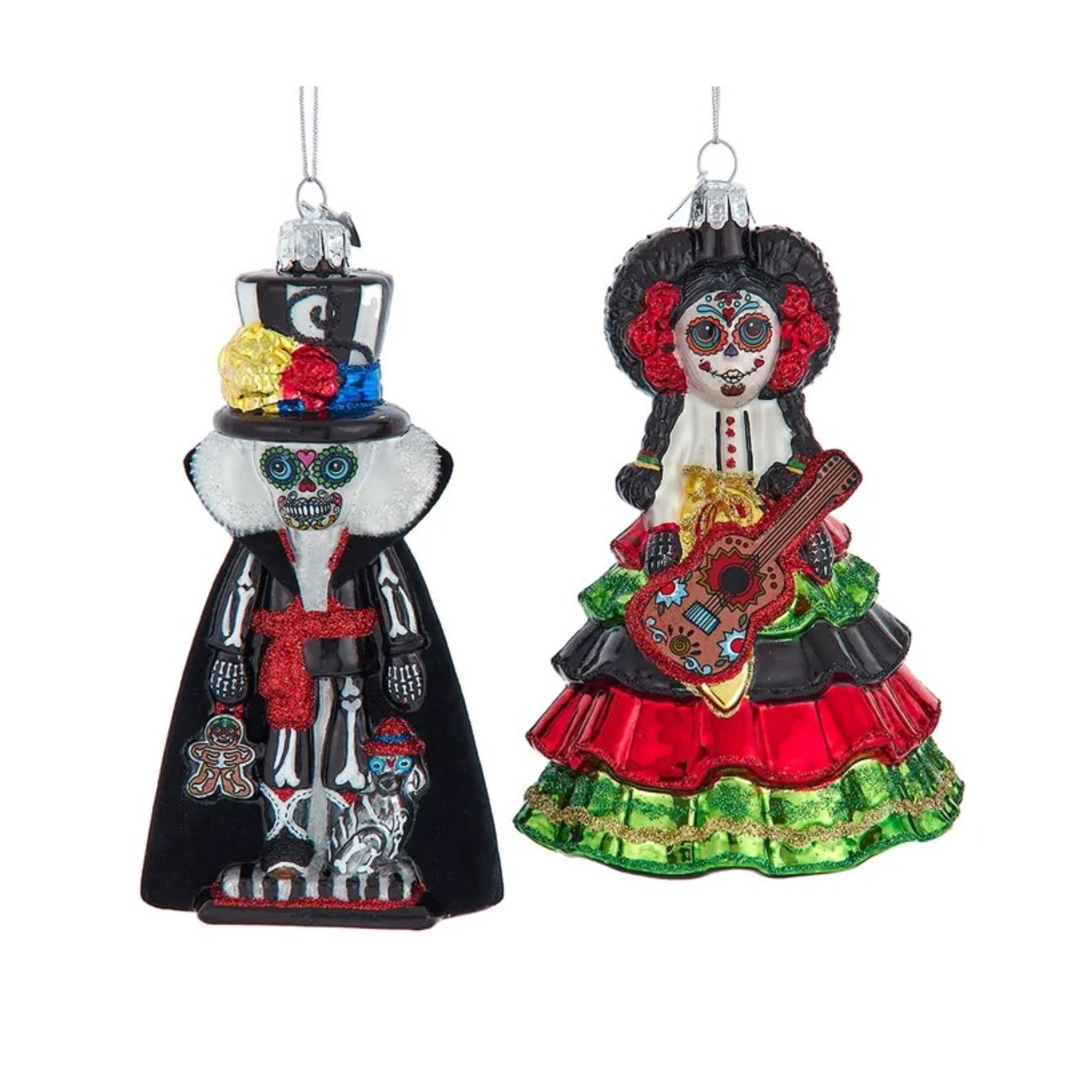 Kurt Adler Noble Gems Glass Ornaments for Christmas Tree, Day of The Dead Girl & Boy, Assorted (Pack of 2)