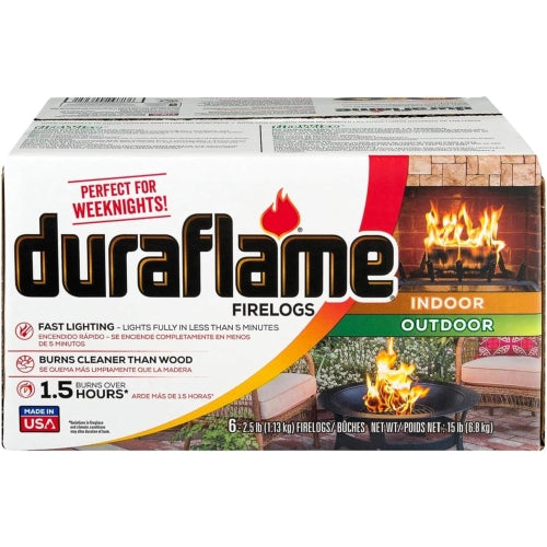Duraflame 2.5lb Firelogs — Indoor & Outdoor Fireplace Use — Fast Lighting, 1.5-Hour Burn (Pack of 6)