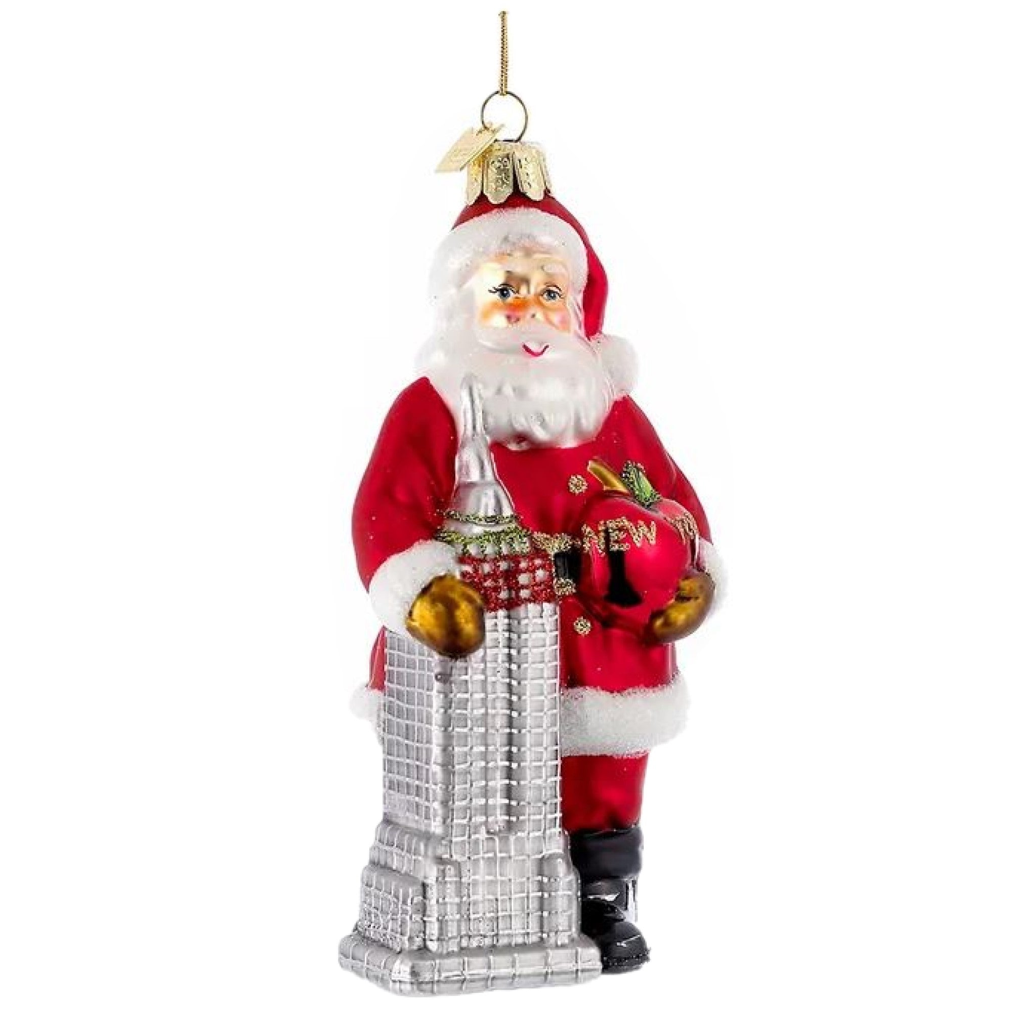 Kurt Adler Noble Gems Glass Ornament for Christmas Tree, Santa with Empire State Building