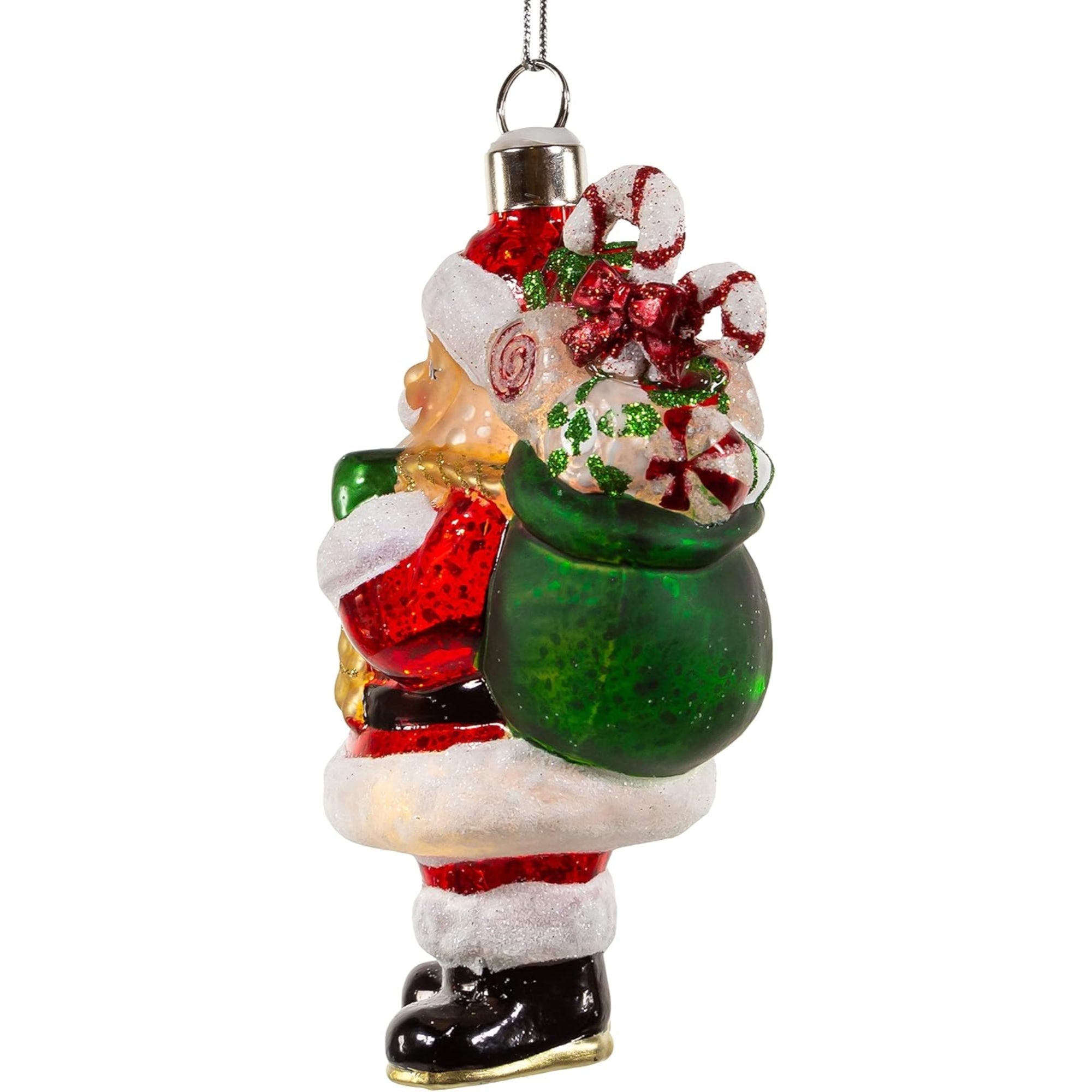 Kurt Adler Hanging Glass Christmas Tree Ornament, USB Warm White LED Santa With Gift Bag