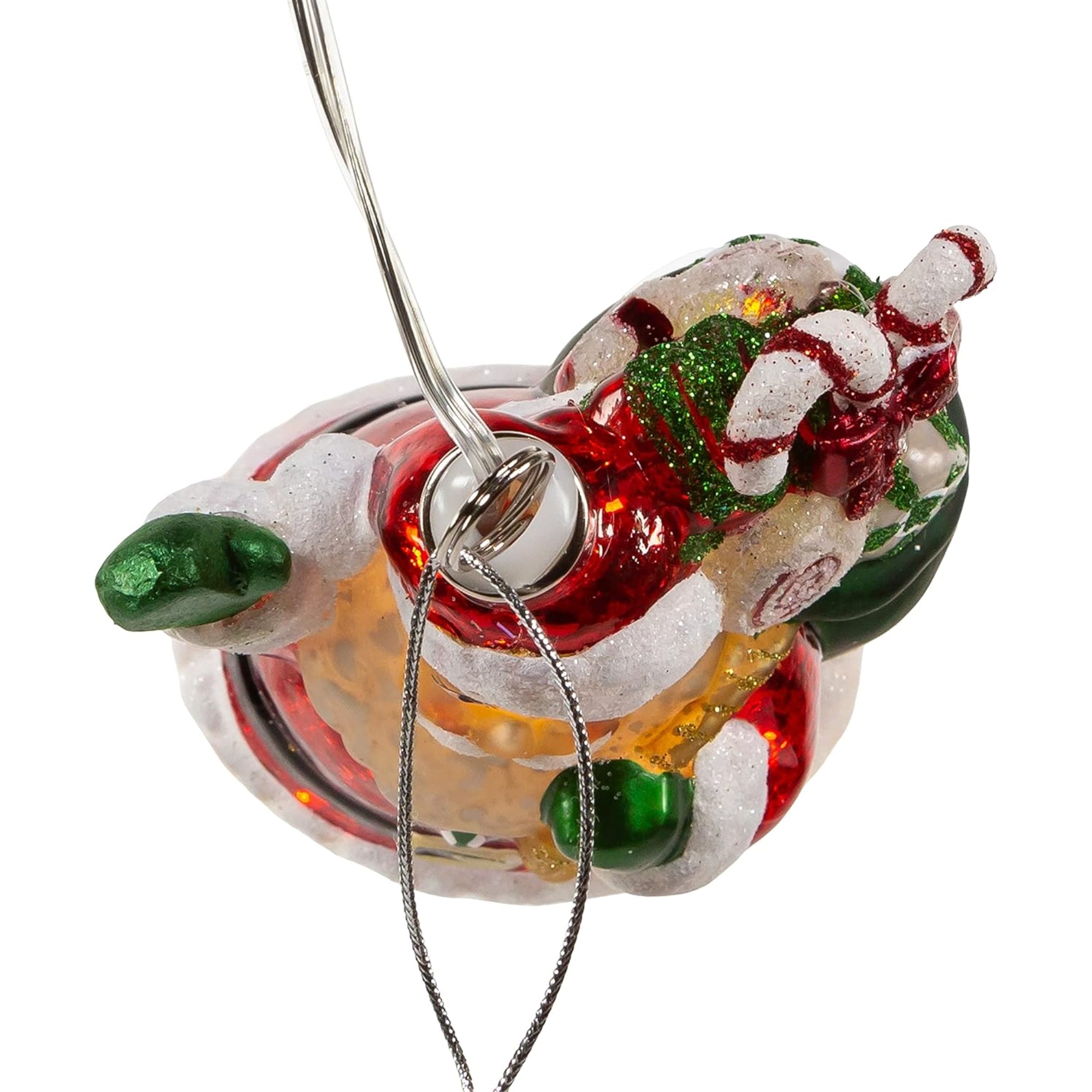Kurt Adler Hanging Glass Christmas Tree Ornament, USB Warm White LED Santa With Gift Bag