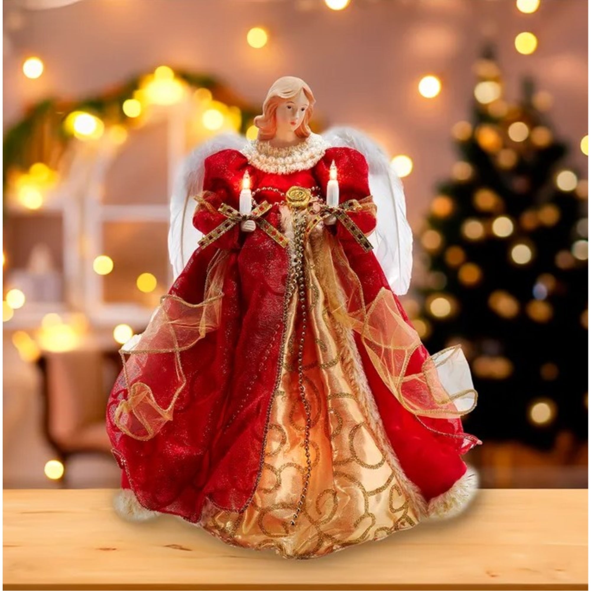Kurt Adler UL 10-Light Red and Gold Angel Christmas Treetop, 14in