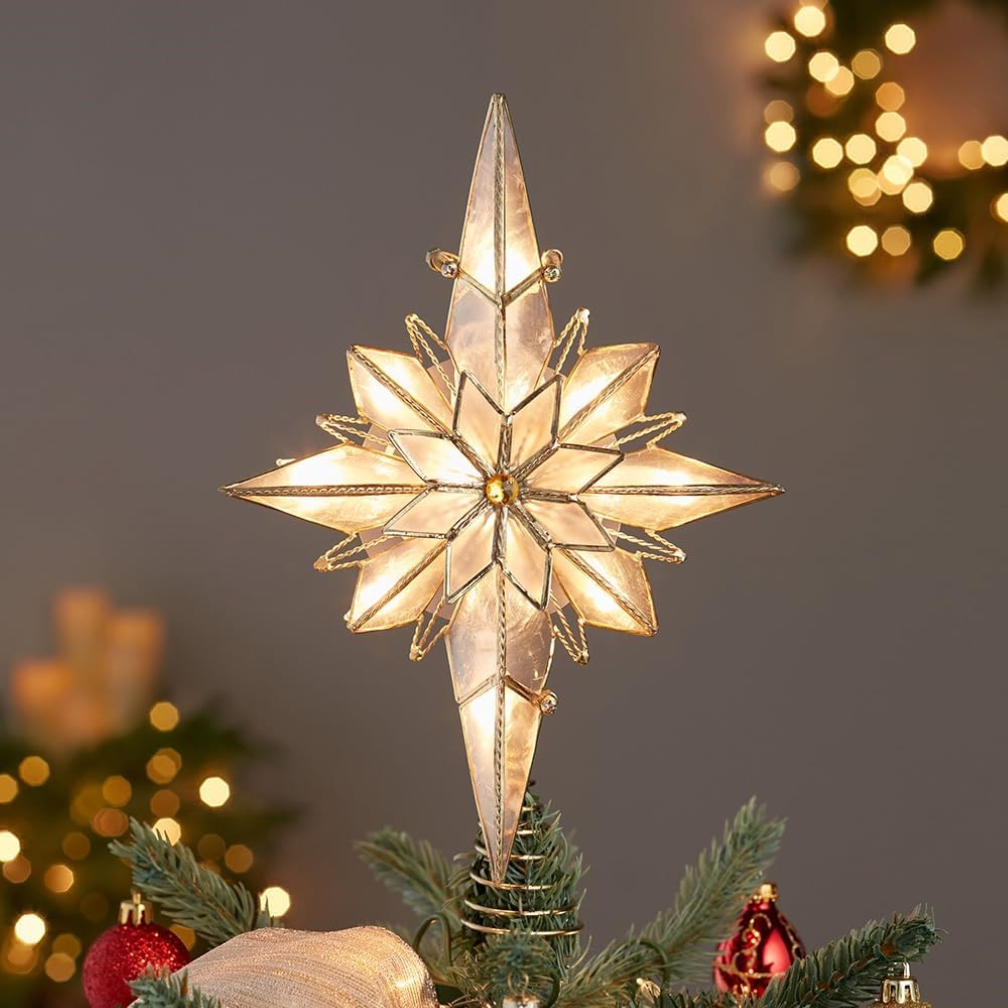 Kurt Adler 8-Point UL 10-Light Capiz Bethlehem Star Treetop, 10.5"
