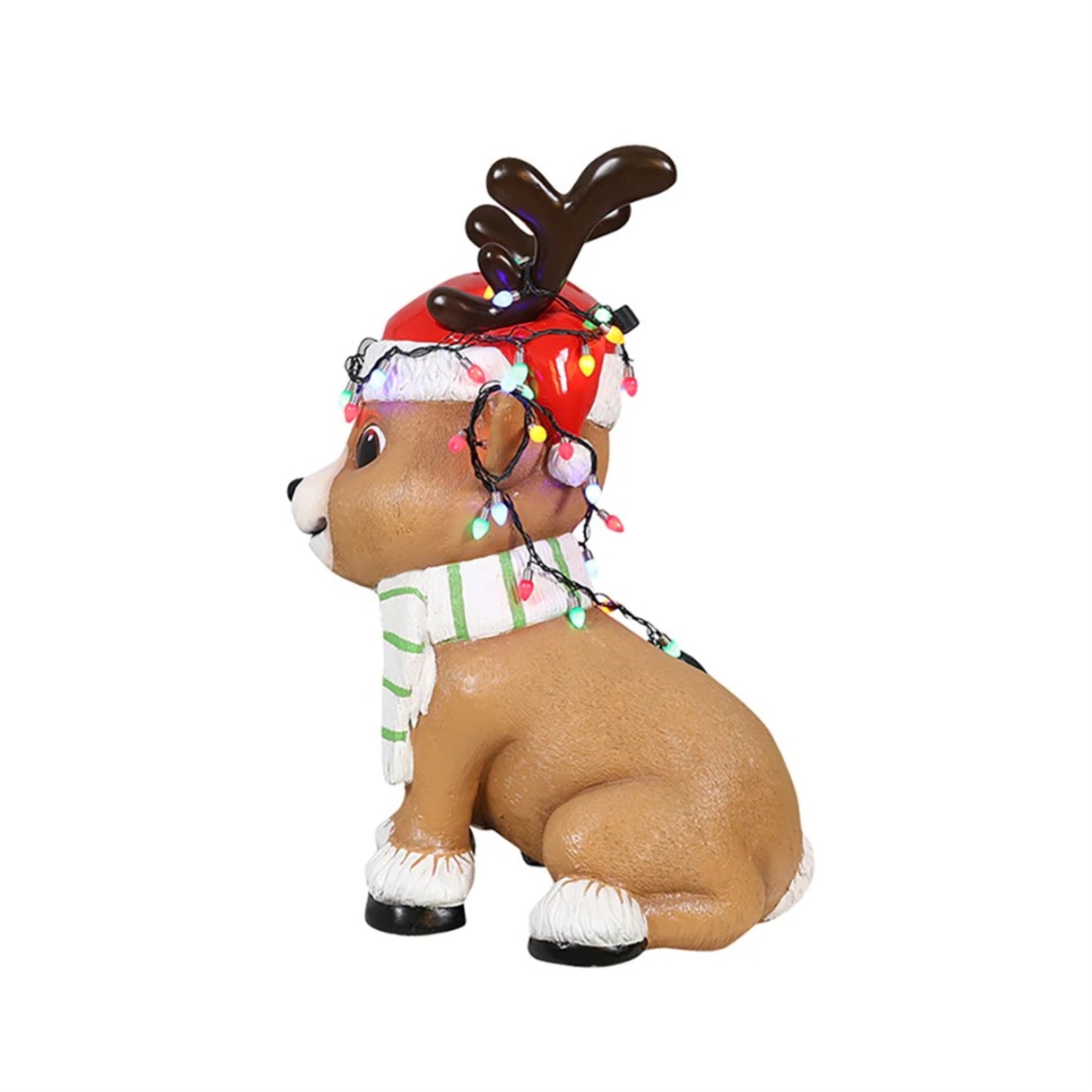 Garden Elements Indoor Fiberglass Christmas Figurine – Baby Deer Playing with Christmas Lights, 28"