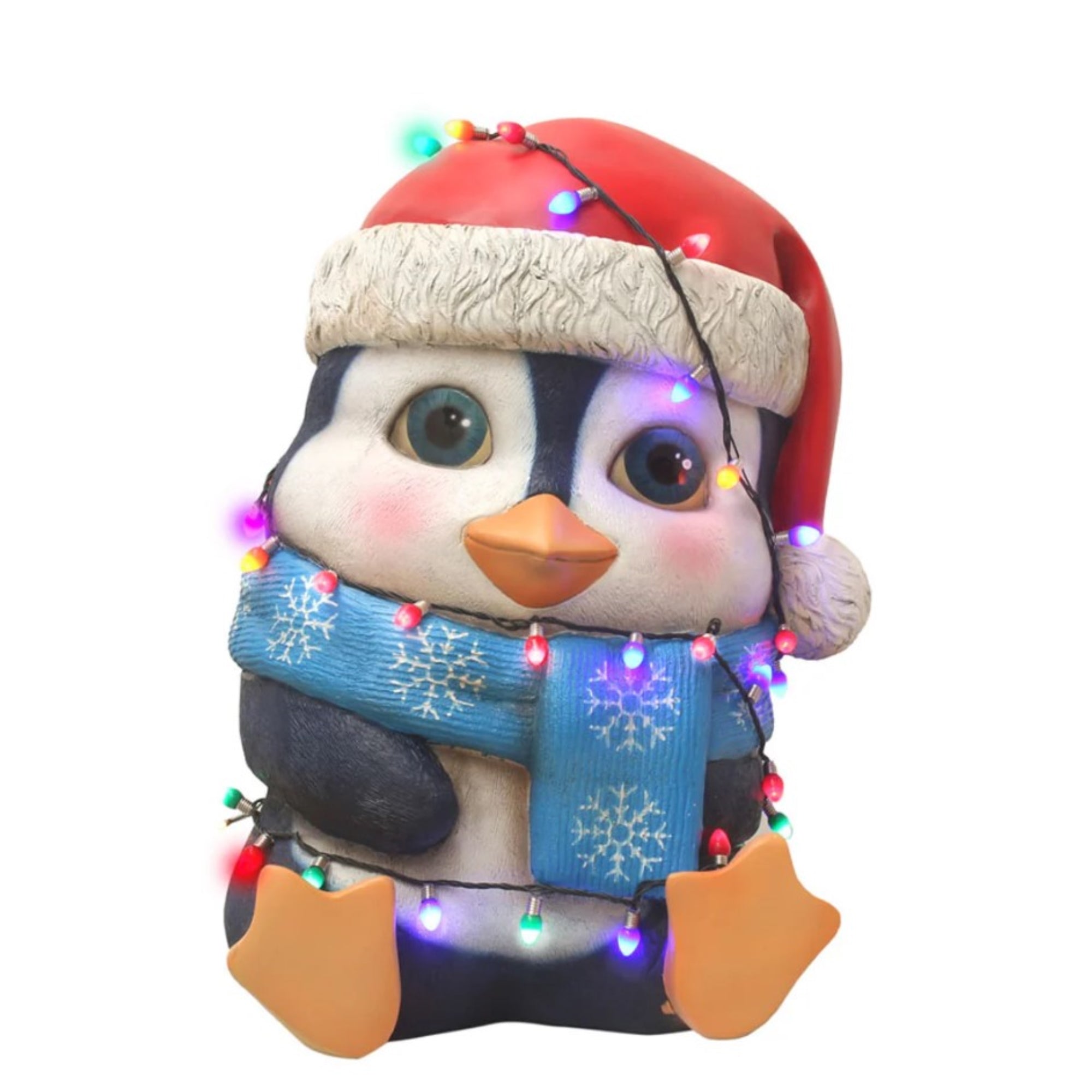 Garden Elements Indoor Fiberglass Christmas Figurine – Baby Penguin Holding Christmas Lights, 24"