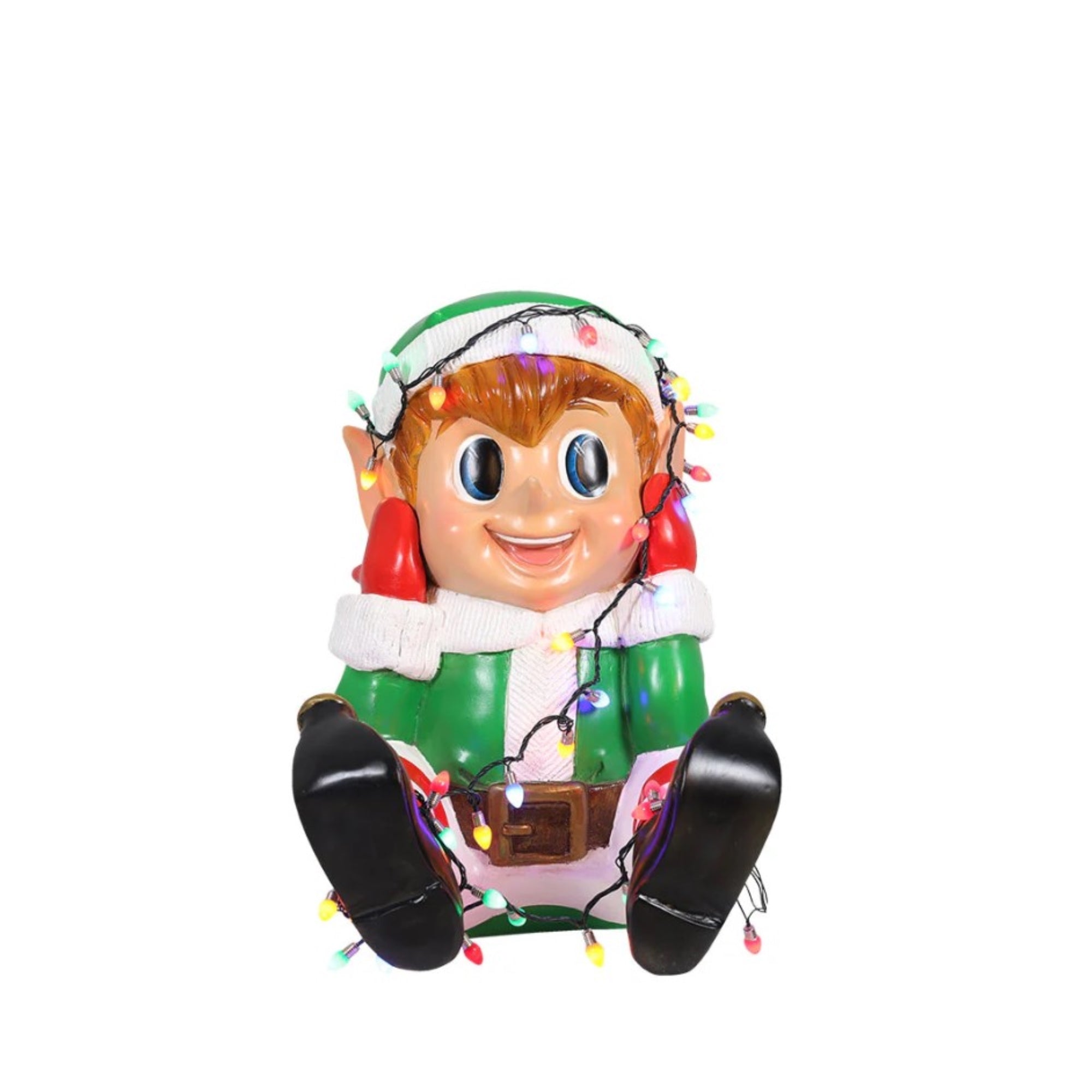 Garden Elements Indoor Fiberglass Christmas Figurine – Elf Boy Playing with Christmas Lights, 24"