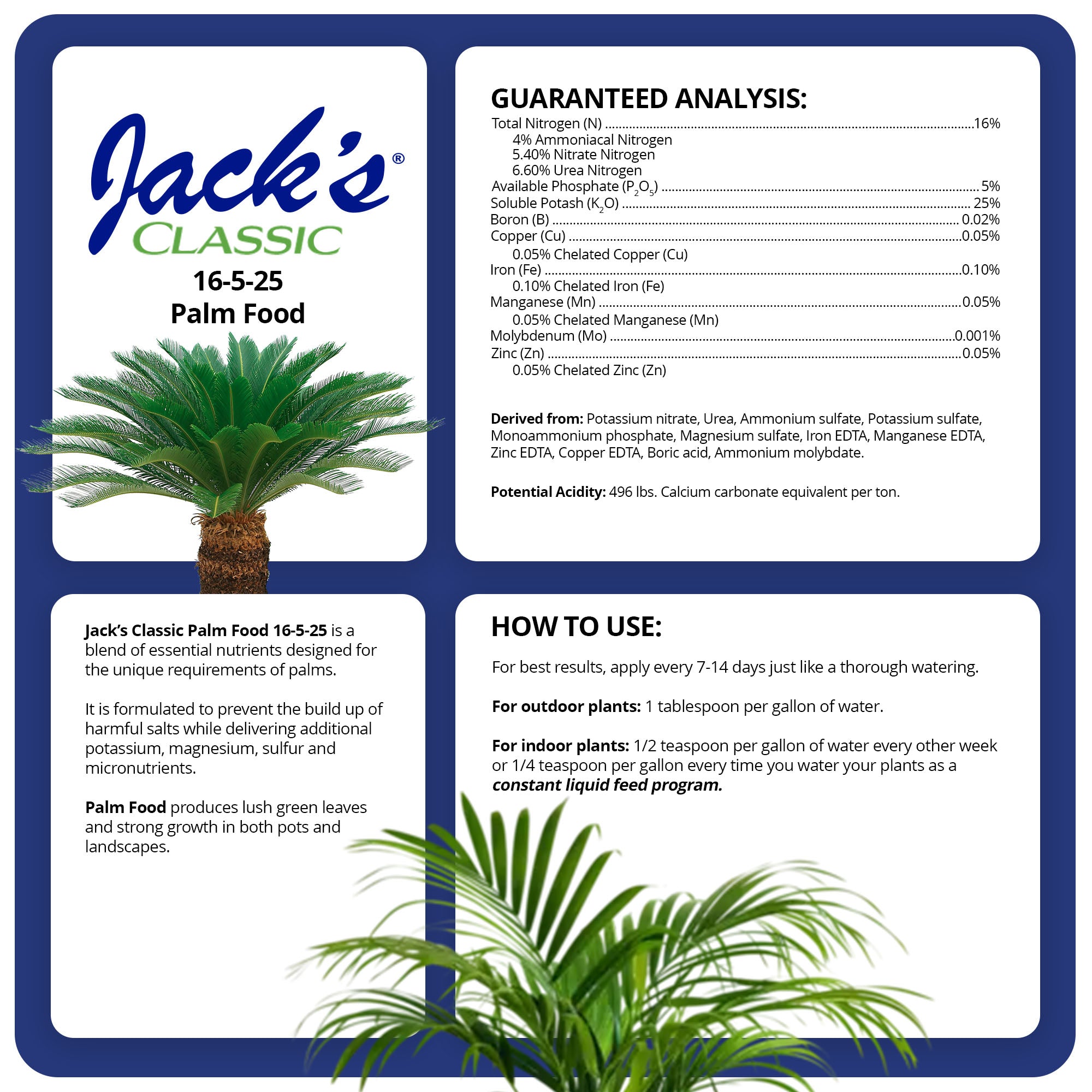 Jack's Classic 16-5-25 Palm Food Water-Soluble Fertilizer with Micronutrients for Strong Lush Growth, 1.5lbs