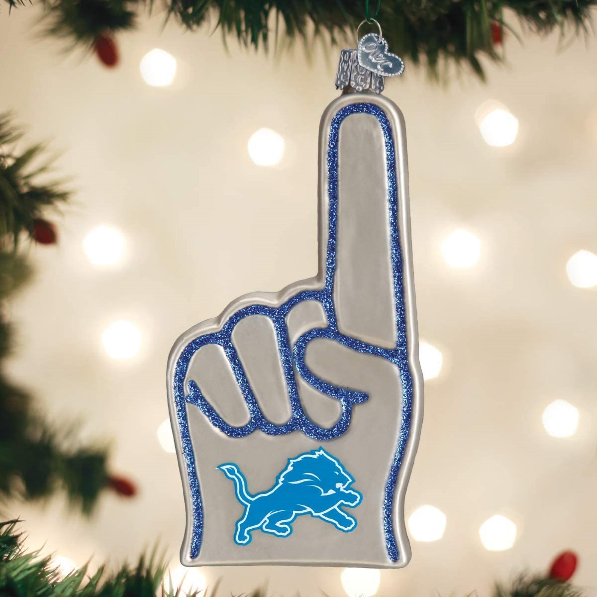 Old World Christmas Blown Glass Ornament for Christmas Tree, Detroit Lions Foam Finger