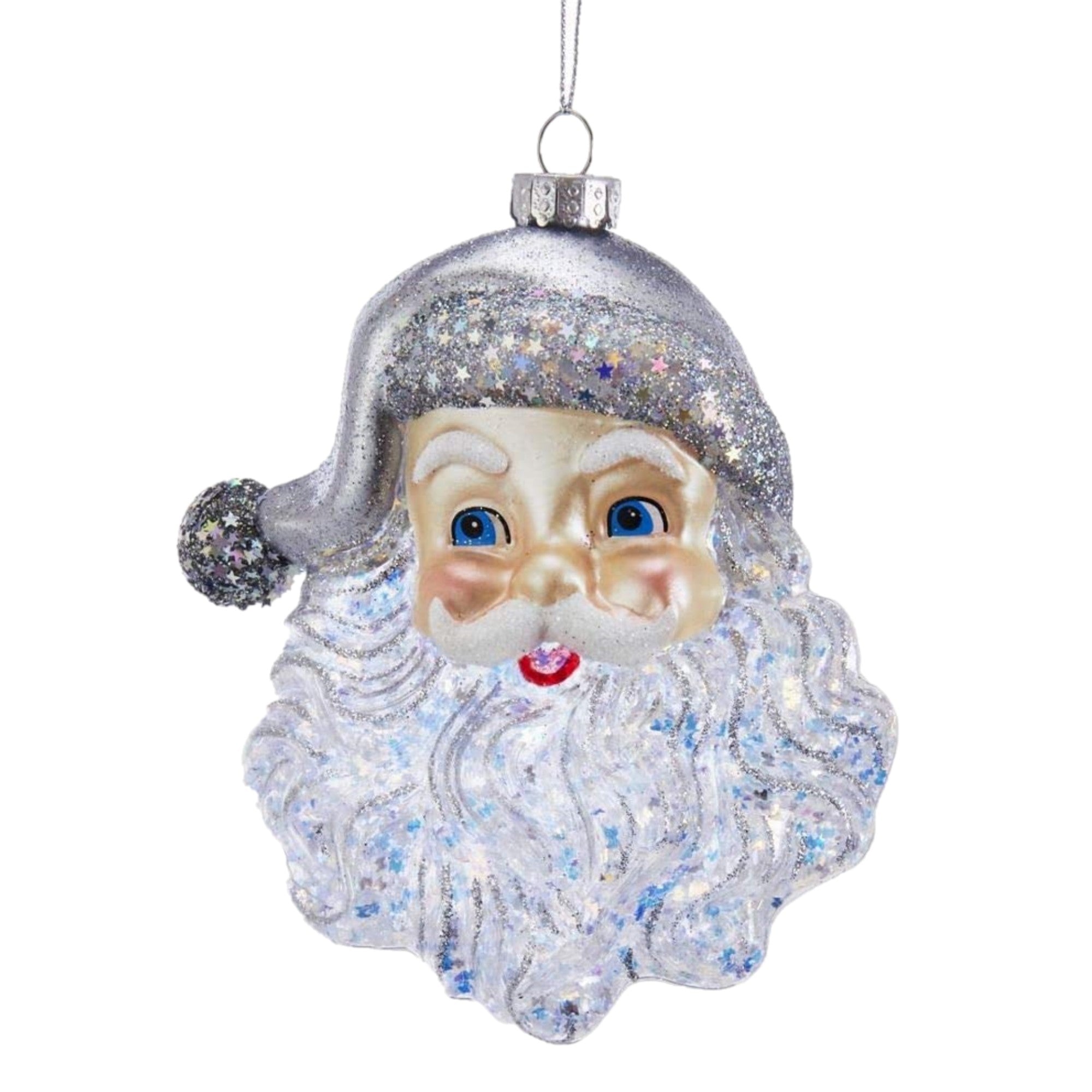 Kurt Adler Glass Ornament for Christmas Tree, Silver Santa Face