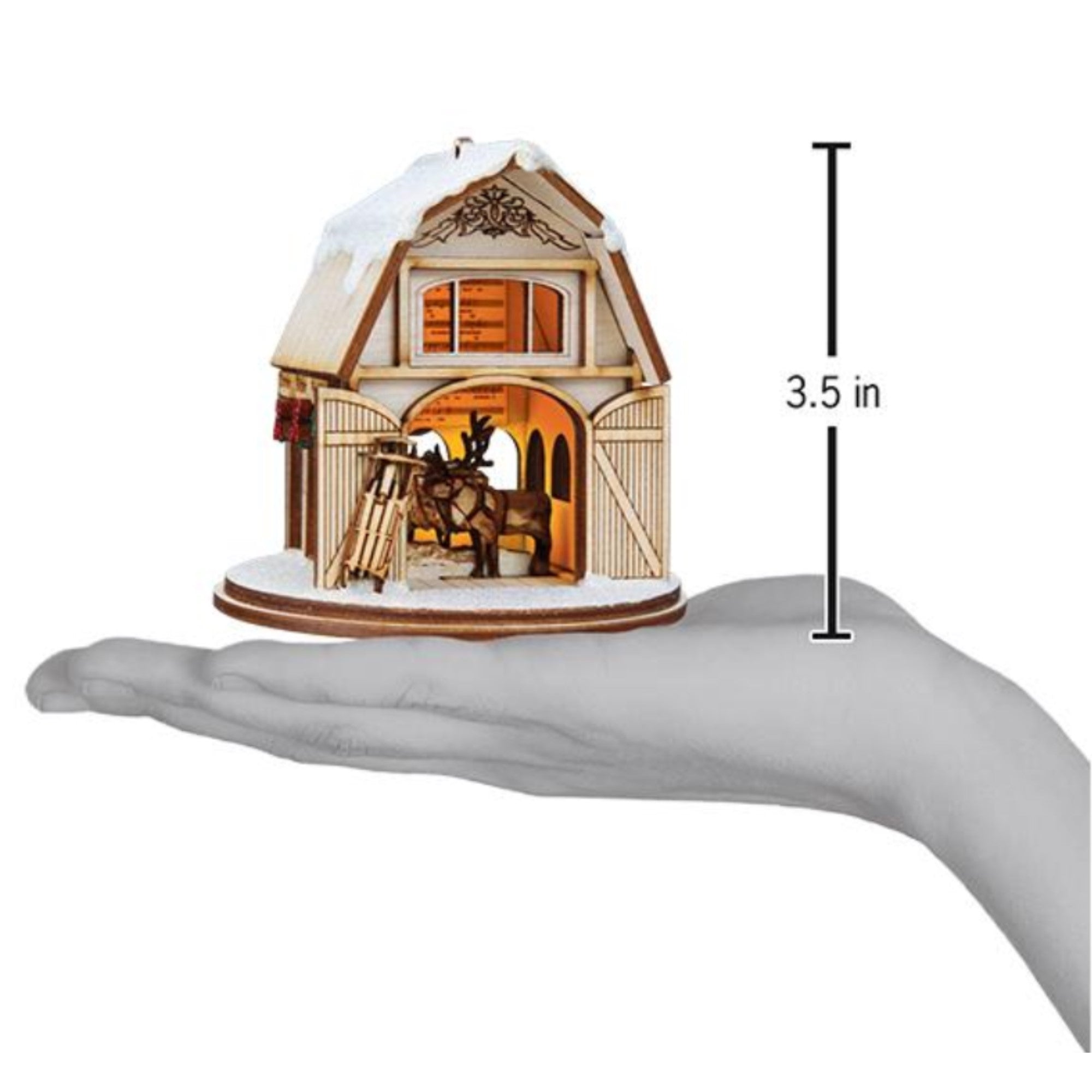 Old World Christmas Ginger Cottage Wooden Ornament for Christmas Tree, Santa's Reindeer Barn