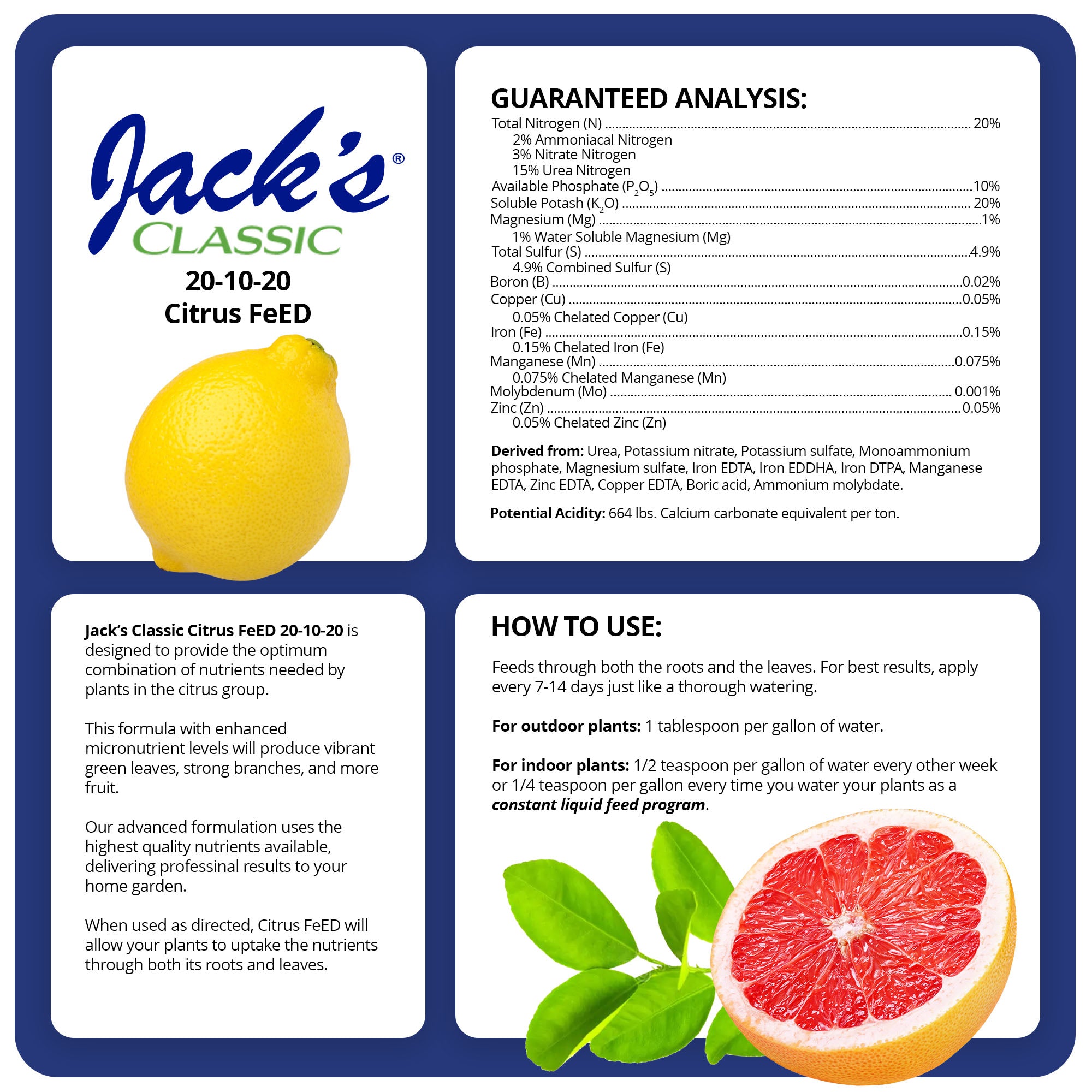 Jack's Classic 20-10-20 Citrus FeED Water-Soluble Fertilizer with Micronutrients to Provide Better Growth and Fruiting in Tropical Fruiting Plants, 1.5lbs