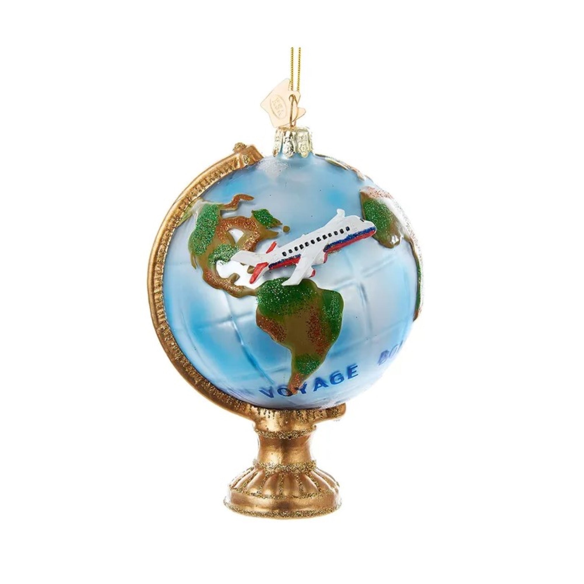 Kurt Adler Noble Gems Glass Ornament for Christmas Tree, Globe with Airplane