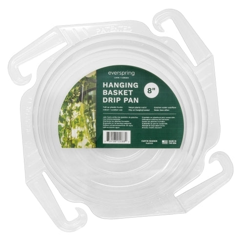 Curtis Wagner Plastics Hanging Basket Drip Pan with 4 Molded Hooks, Clear — 8"