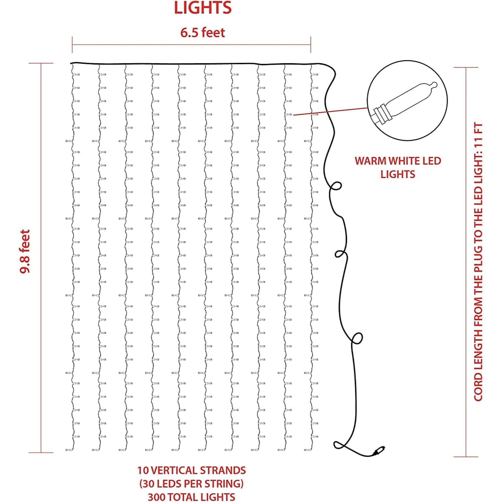 ProductWorks Indoor/Outdoor 300 LED-Mini String Light Curtain with 8-Light Modes on White Wire, Warm White, 6.5ft x 10ft