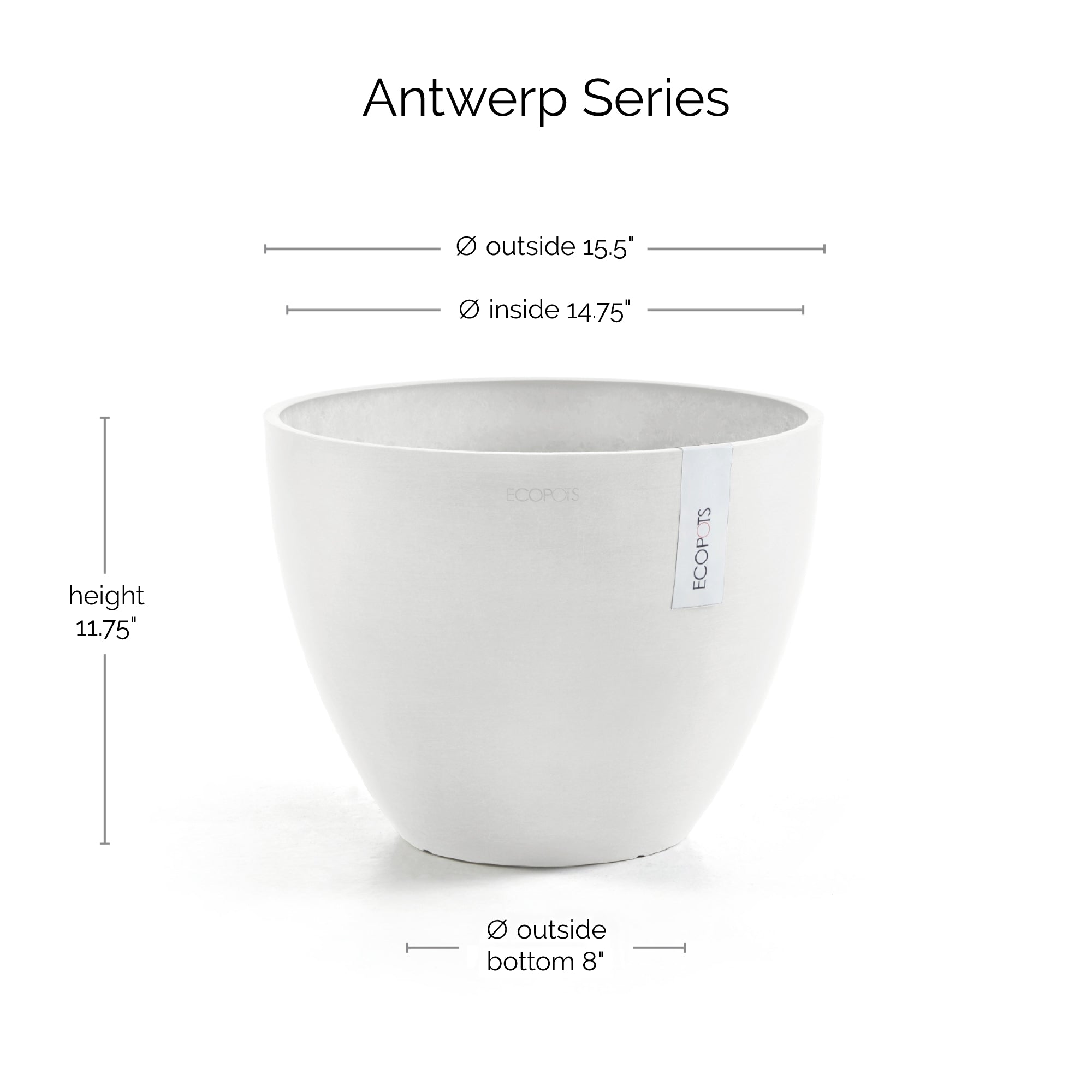 Ecopots Antwerp Durable Modern Round Indoor/Outdoor Recycled-Based Composite Flower Pot Planter, Pure White, 16"